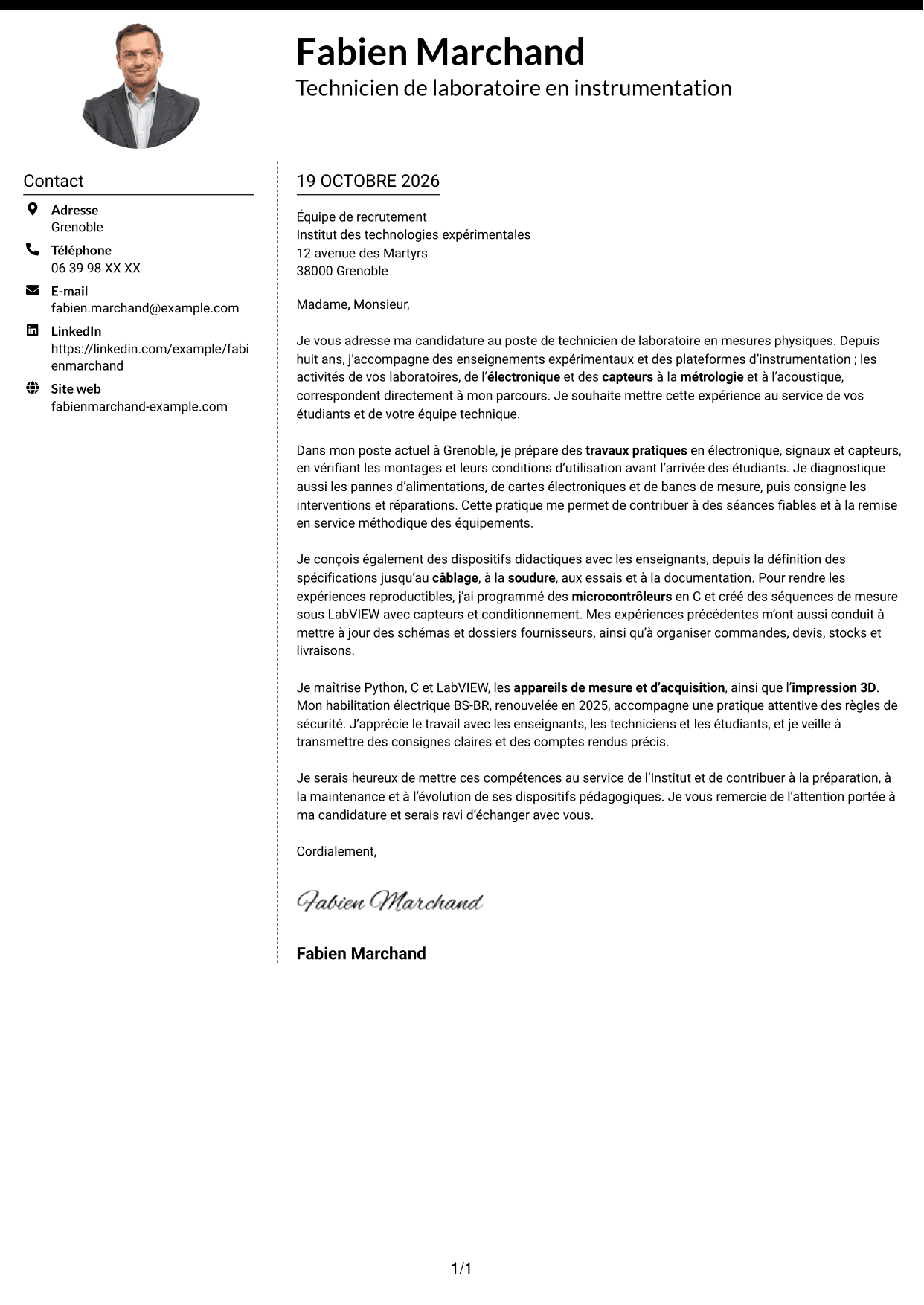 Lettre de motivation Moderne (format à deux colonnes avec photo à gauche et séparateur) : Technicien de laboratoire - Mesures physiques, page 1