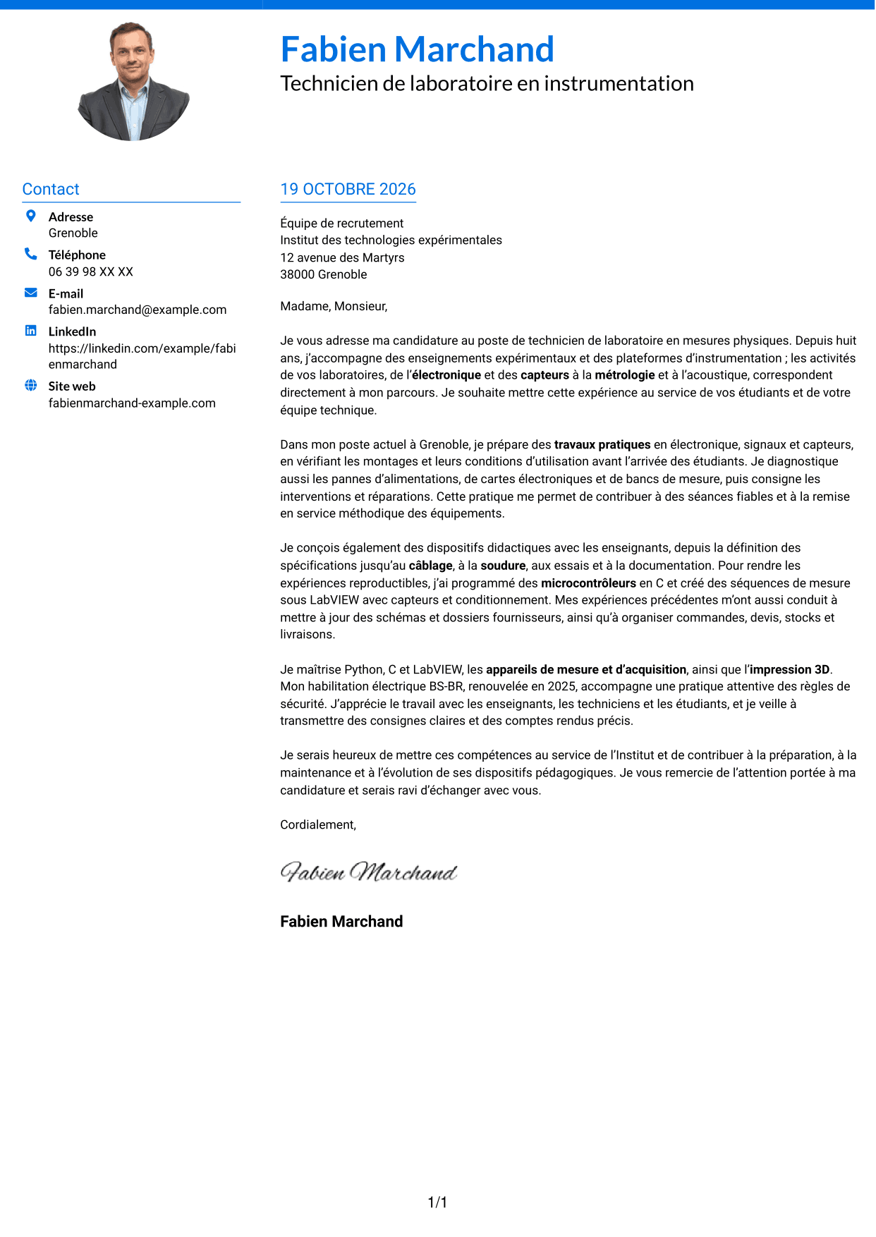 Lettre de motivation Audacieux (format à deux colonnes avec accents colorés et photo) : Technicien de laboratoire - Mesures physiques, page 1