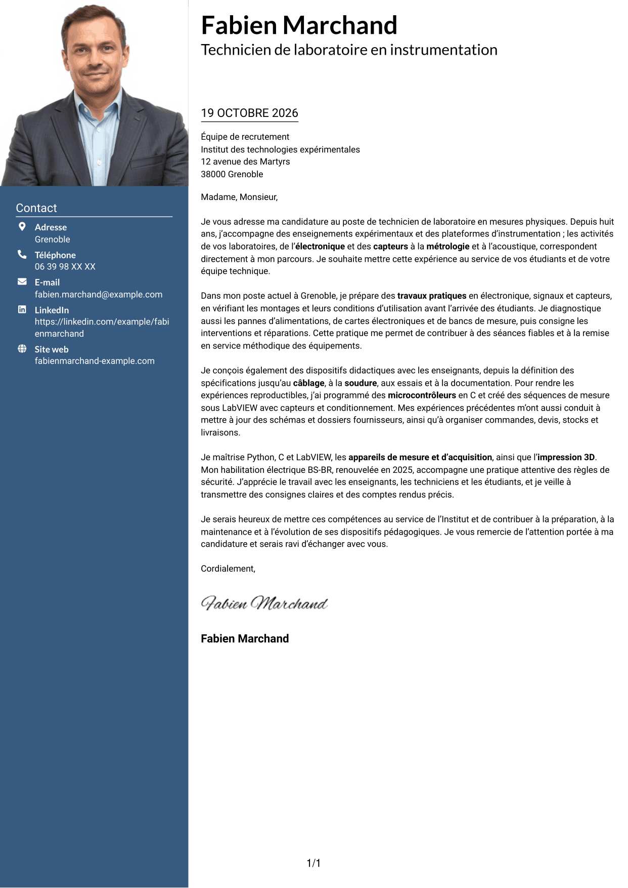 Lettre de motivation Signature (format à colonne latérale colorée avec grande photo) : Technicien de laboratoire - Mesures physiques, page 1