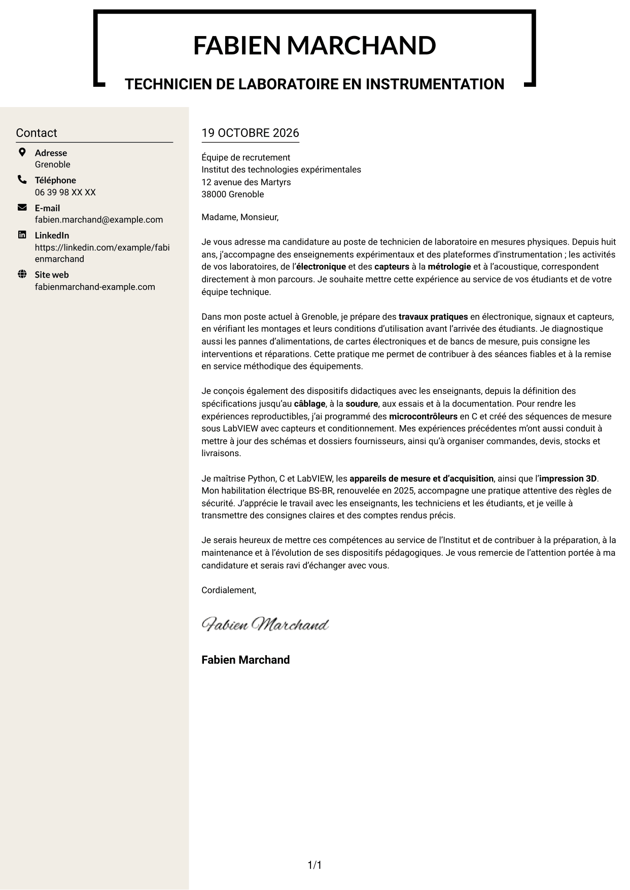 Lettre de motivation Fonceur (format à deux colonnes avec en-tête centré sans photo) : Technicien de laboratoire - Mesures physiques, page 1