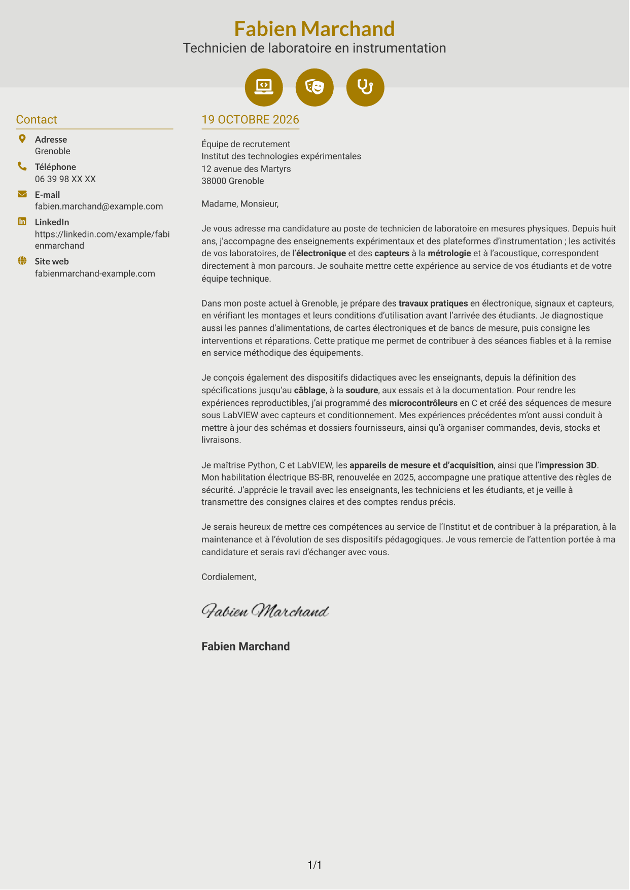 Lettre de motivation Dynamique (format à deux colonnes avec icônes) : Technicien de laboratoire - Mesures physiques, page 1