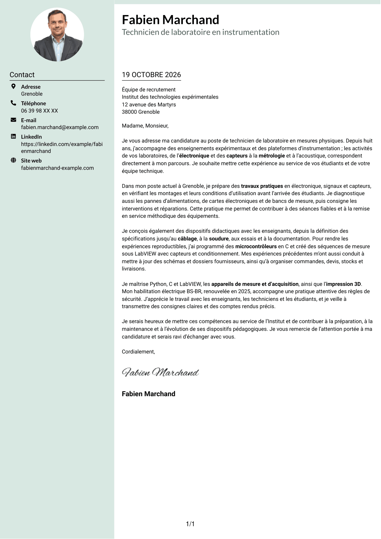 Lettre de motivation Cadre (format à colonne latérale douce avec photo arrondie) : Technicien de laboratoire - Mesures physiques, page 1