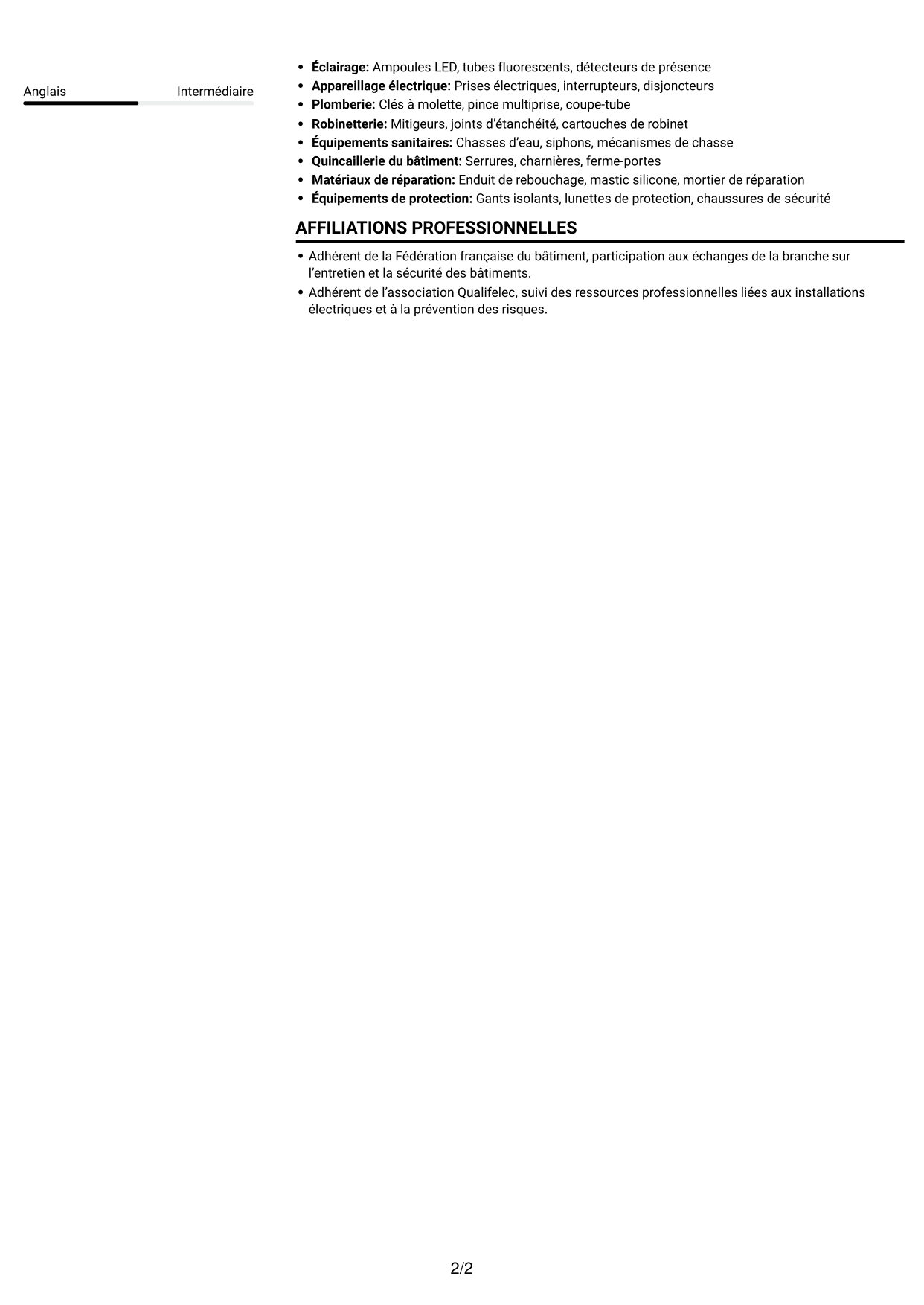 CV Compact (format sobre à deux colonnes avec photo) : Technicien de maintenance des bâtiments - Sites touristiques, page 2
