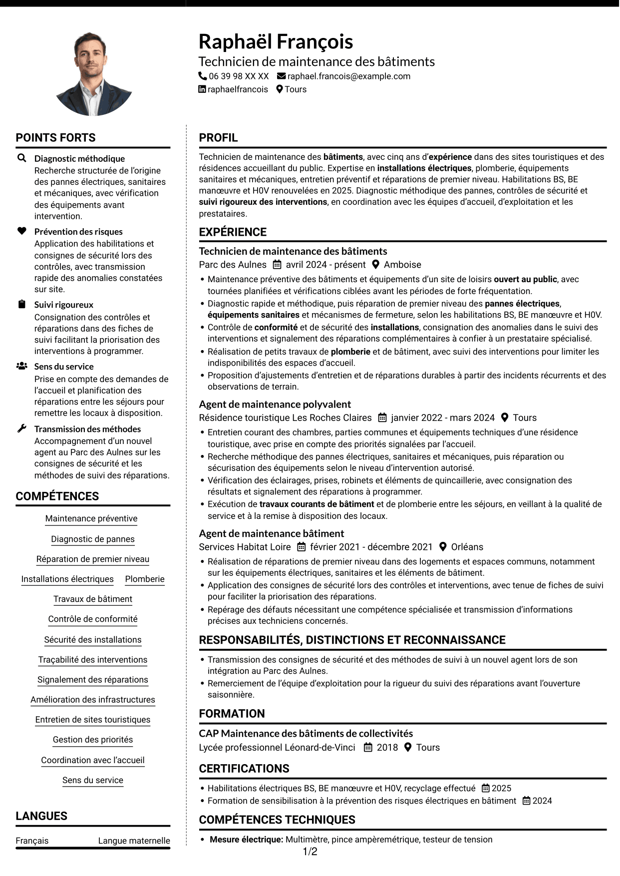 CV Moderne (format à deux colonnes avec photo à gauche et séparateur) : Technicien de maintenance des bâtiments - Sites touristiques, page 1