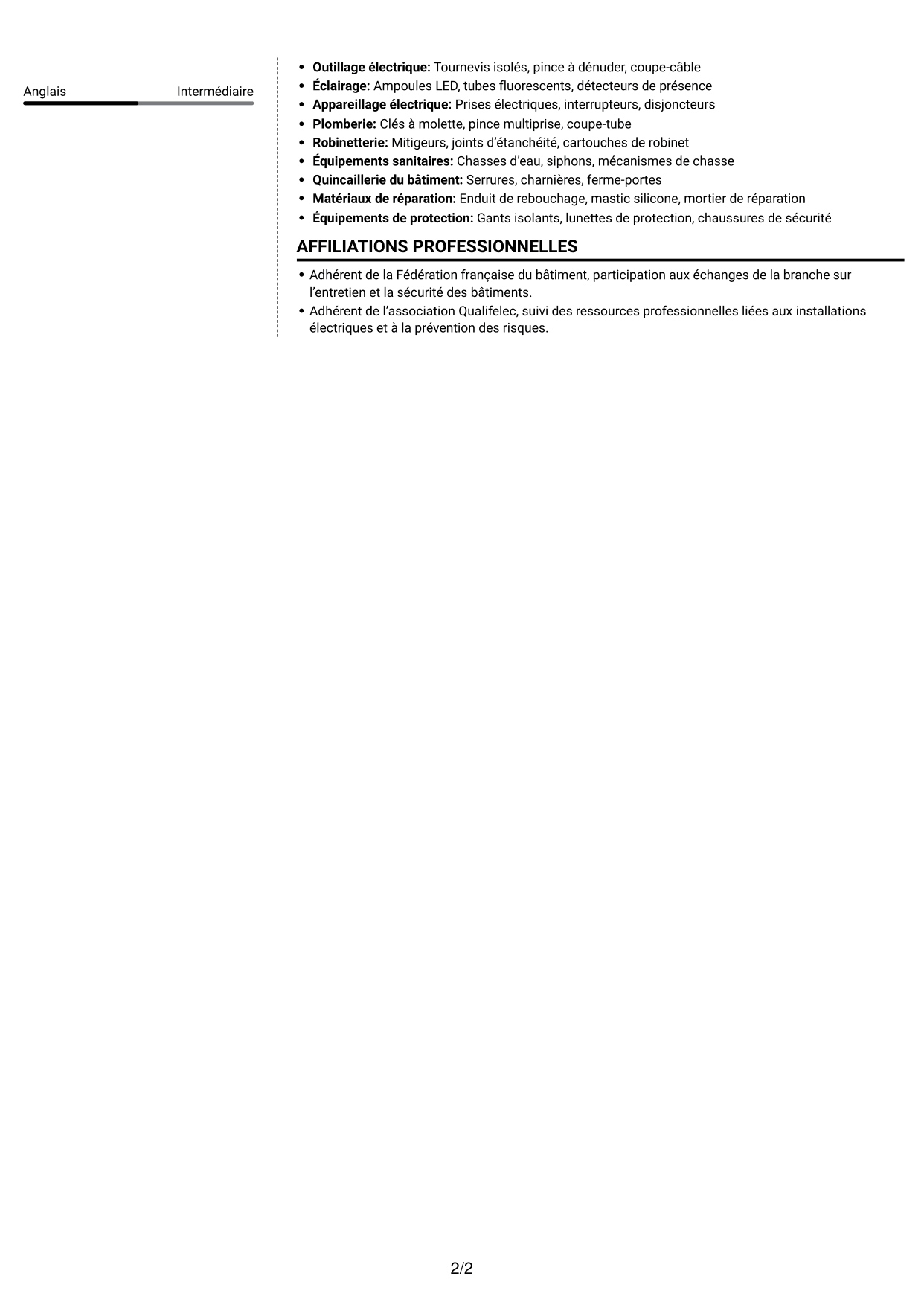 CV Moderne (format à deux colonnes avec photo à gauche et séparateur) : Technicien de maintenance des bâtiments - Sites touristiques, page 2