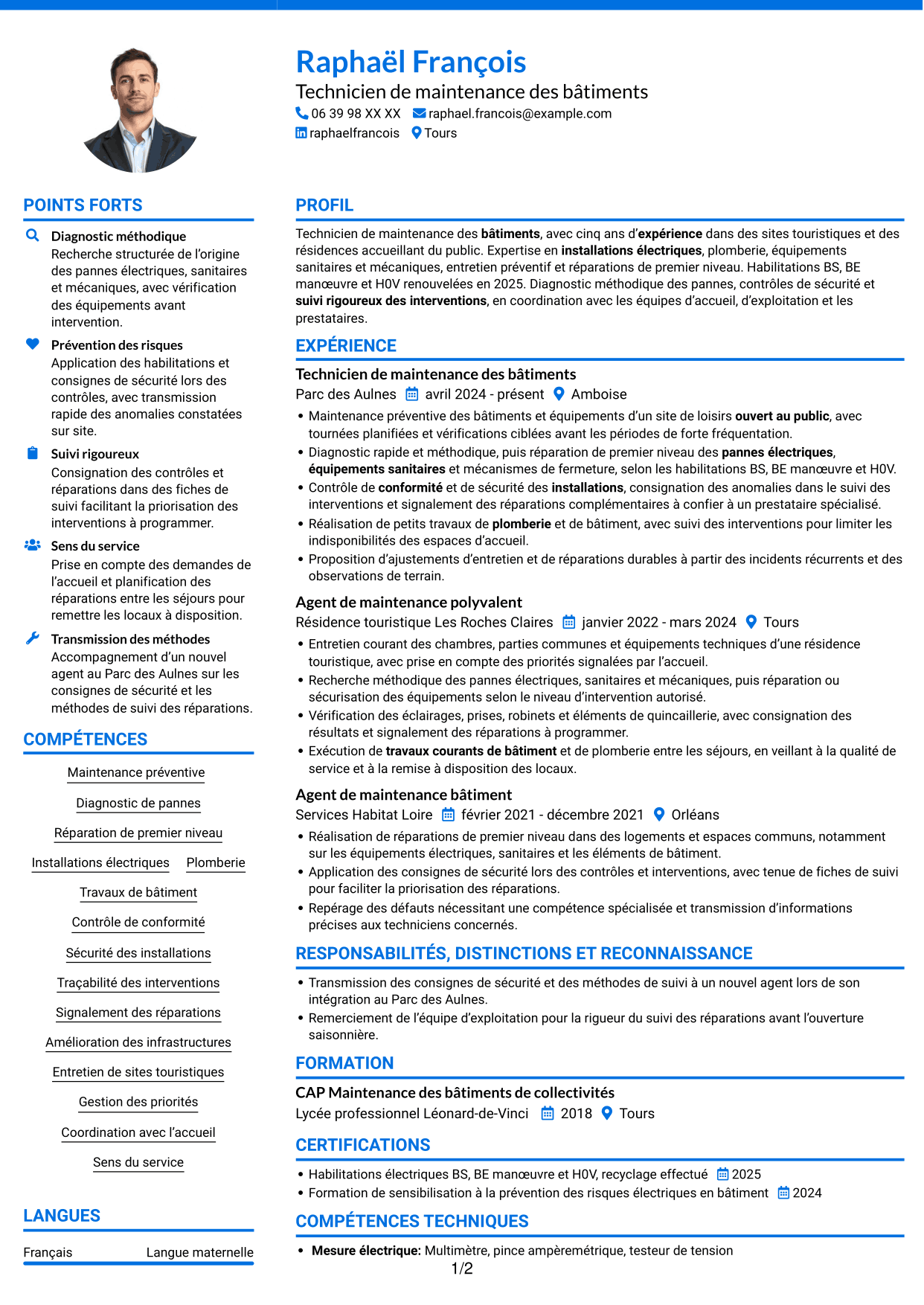 CV Audacieux (format à deux colonnes avec accents colorés et photo) : Technicien de maintenance des bâtiments - Sites touristiques, page 1