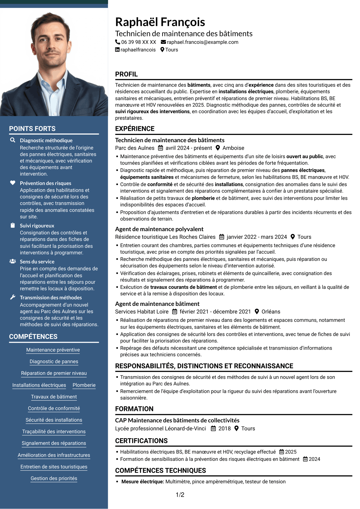 CV Signature (format à colonne latérale colorée avec grande photo) : Technicien de maintenance des bâtiments - Sites touristiques, page 1