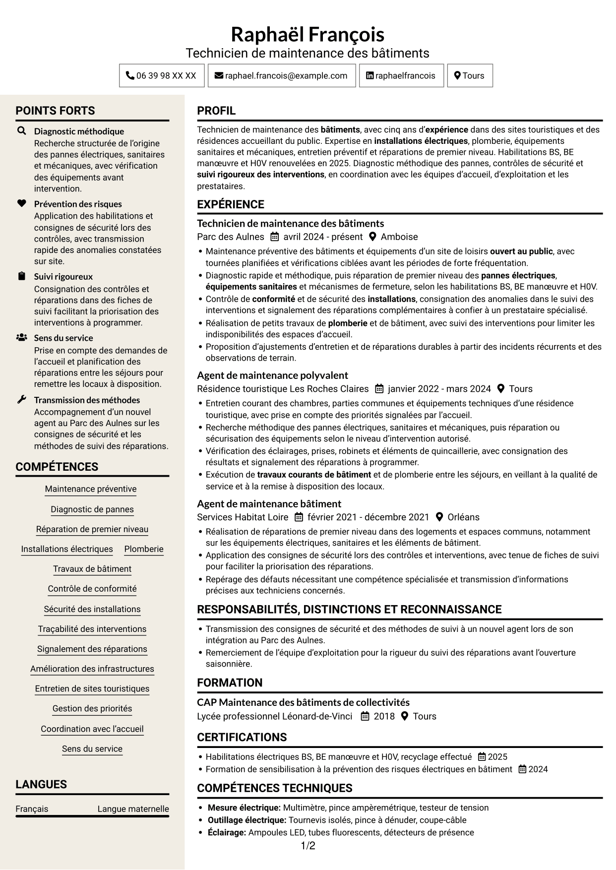 CV Fonceur (format à deux colonnes avec en-tête centré sans photo) : Technicien de maintenance des bâtiments - Sites touristiques, page 1