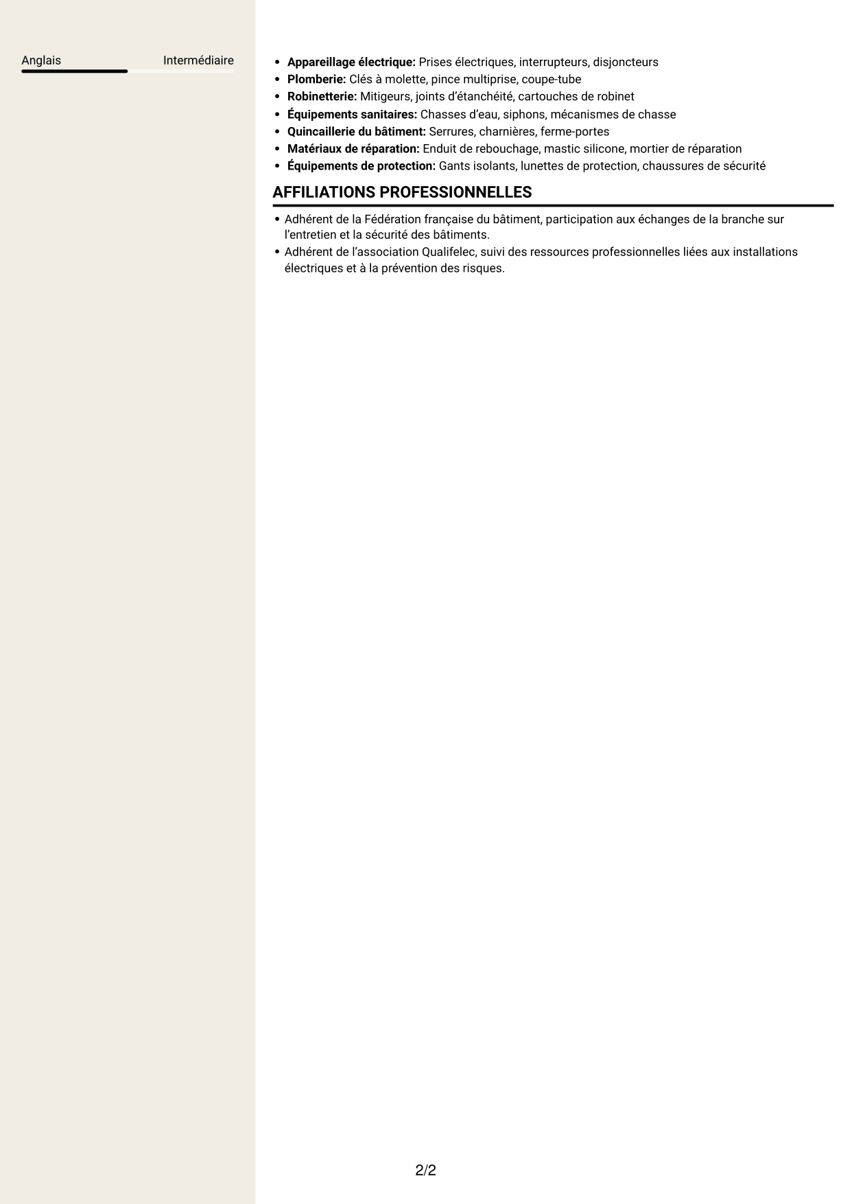 CV Fonceur (format à deux colonnes avec en-tête centré sans photo) : Technicien de maintenance des bâtiments - Sites touristiques, page 2