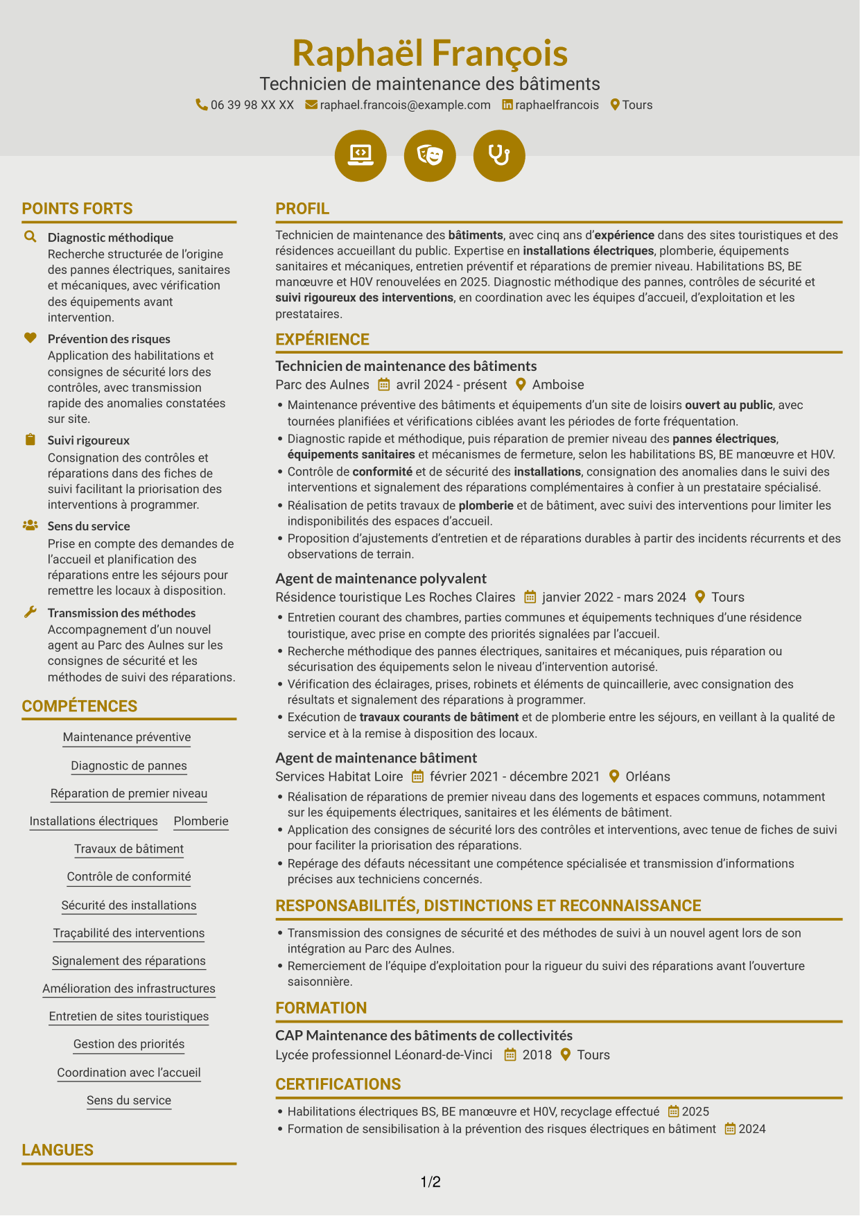 CV Dynamique (format à deux colonnes avec icônes) : Technicien de maintenance des bâtiments - Sites touristiques, page 1