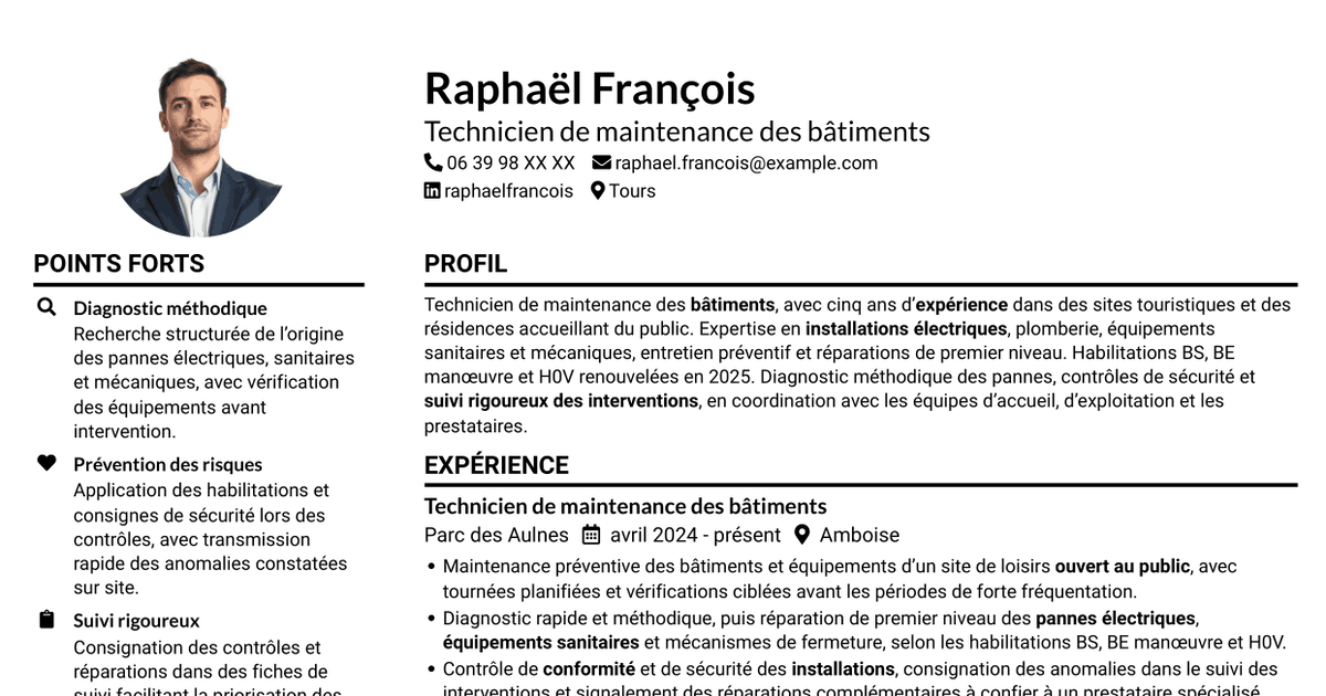 7 modèles de CV pour Technicien de maintenance des bâtiments - Sites touristiques, avec exemples