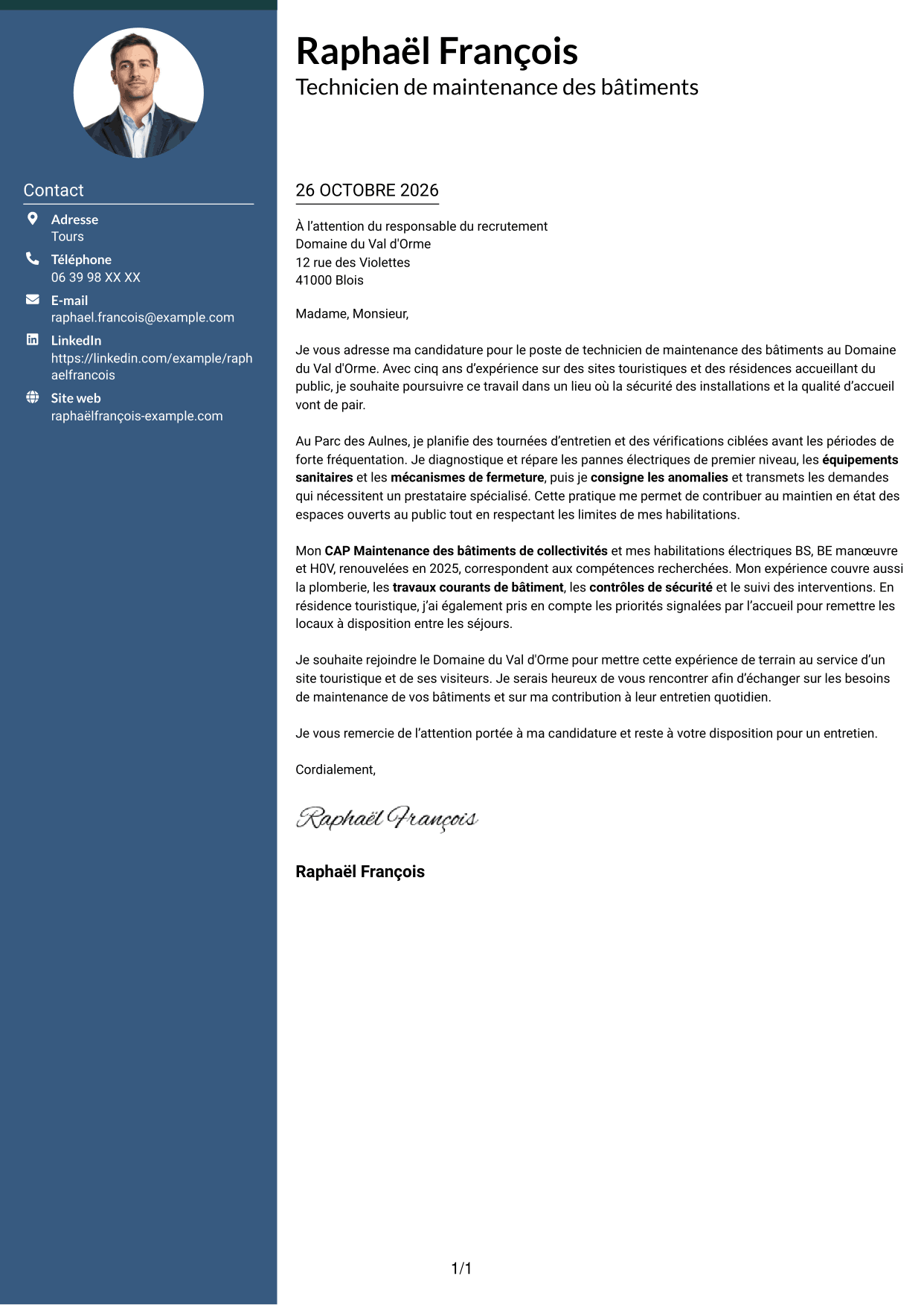 Lettre de motivation Élégant (format à colonne latérale colorée avec photo) : Technicien de maintenance des bâtiments - Sites touristiques, page 1