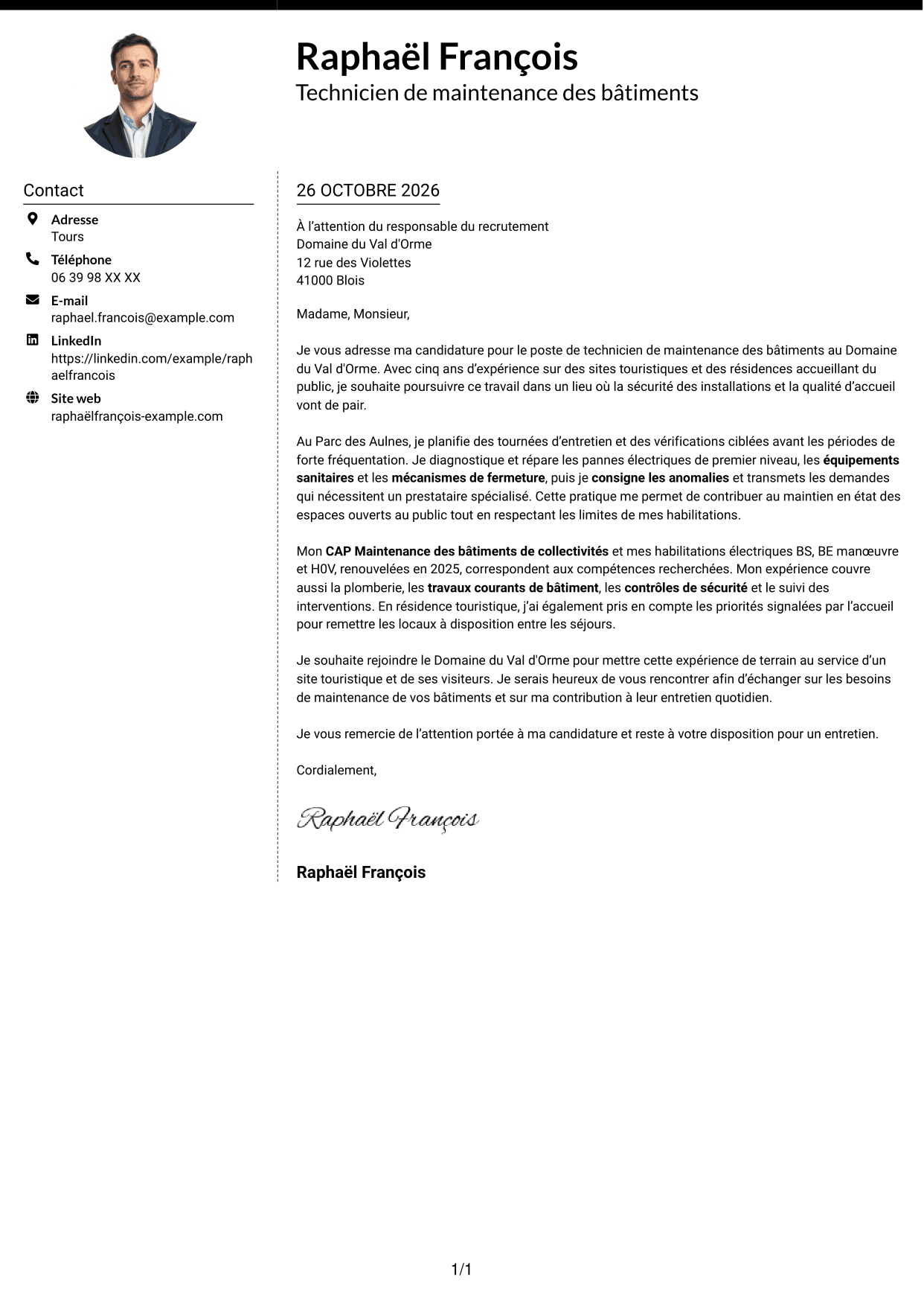 Lettre de motivation Moderne (format à deux colonnes avec photo à gauche et séparateur) : Technicien de maintenance des bâtiments - Sites touristiques, page 1