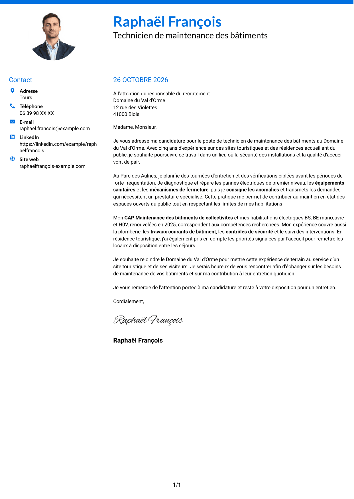 Lettre de motivation Audacieux (format à deux colonnes avec accents colorés et photo) : Technicien de maintenance des bâtiments - Sites touristiques, page 1