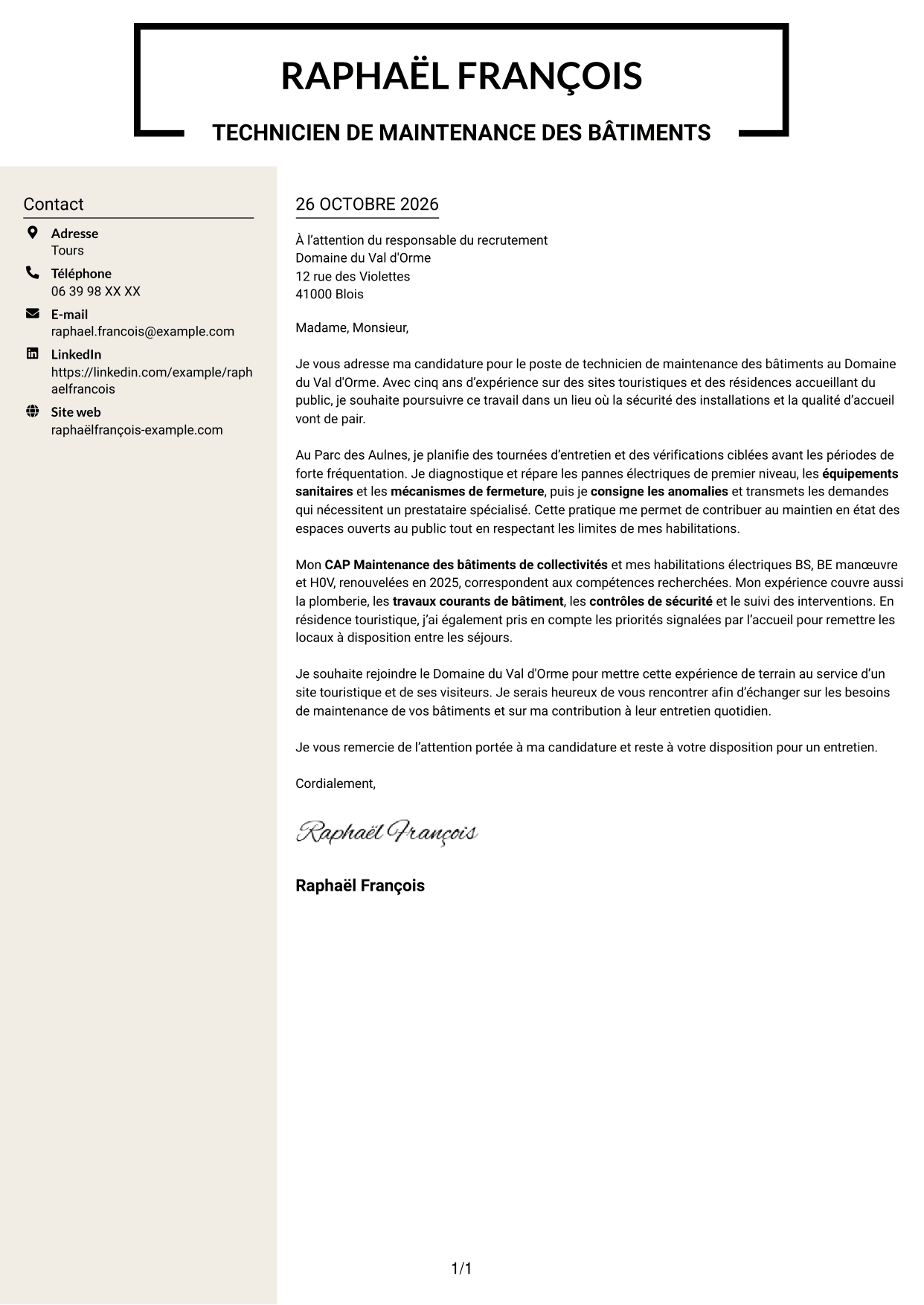 Lettre de motivation Fonceur (format à deux colonnes avec en-tête centré sans photo) : Technicien de maintenance des bâtiments - Sites touristiques, page 1