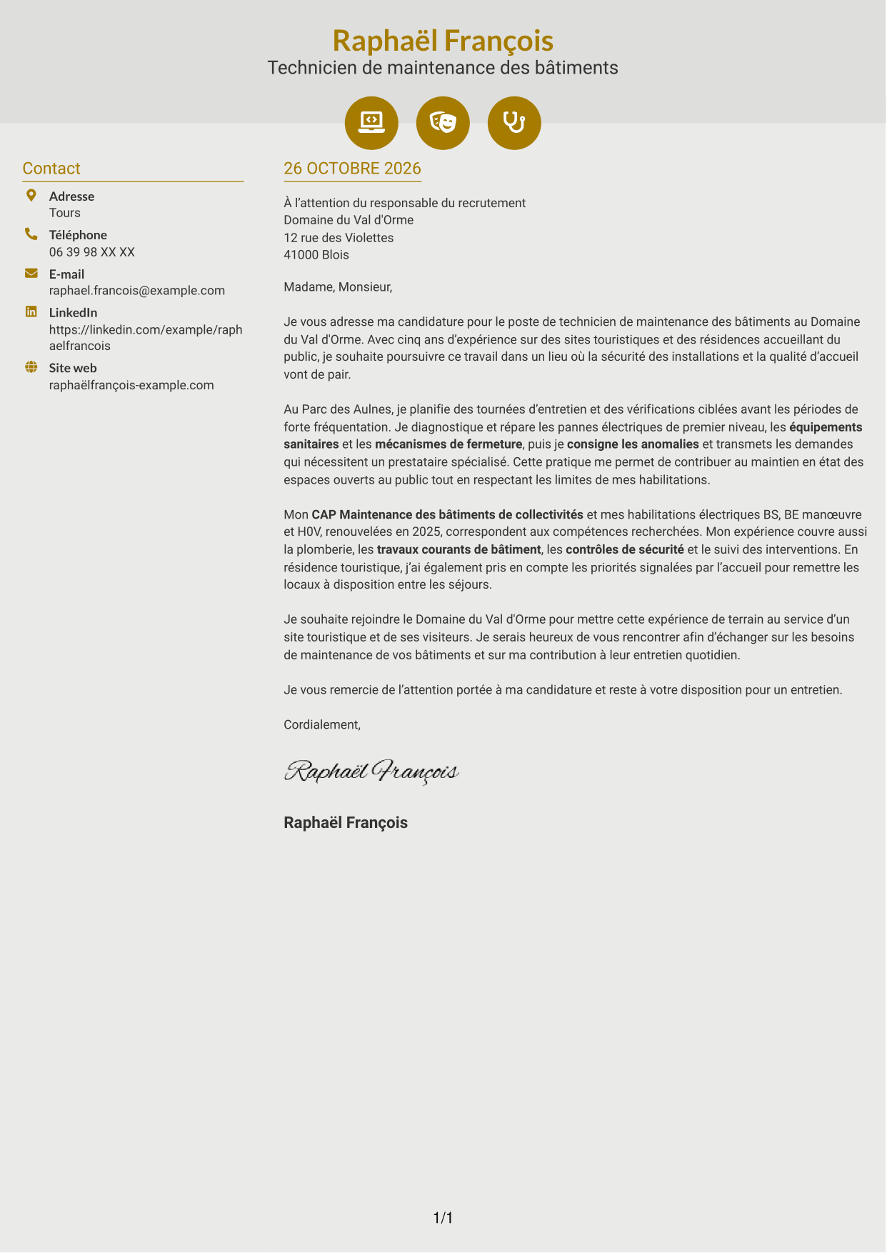 Lettre de motivation Dynamique (format à deux colonnes avec icônes) : Technicien de maintenance des bâtiments - Sites touristiques, page 1