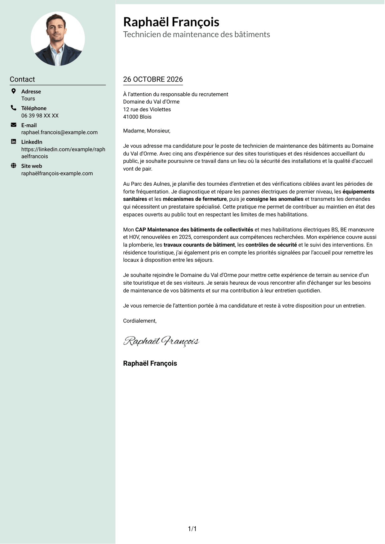 Lettre de motivation Cadre (format à colonne latérale douce avec photo arrondie) : Technicien de maintenance des bâtiments - Sites touristiques, page 1