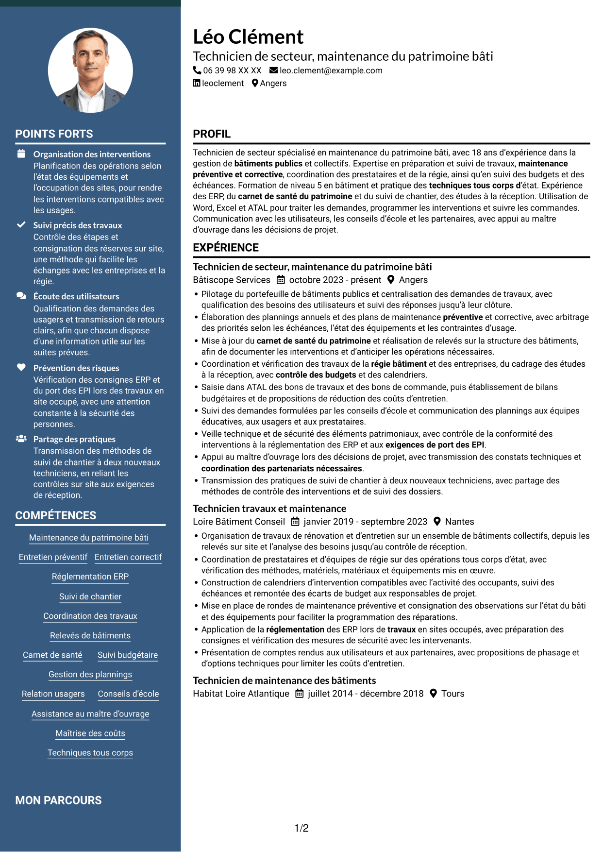 CV Élégant (format à colonne latérale colorée avec photo) : Technicien de secteur - Maintenance du patrimoine bâti, page 1