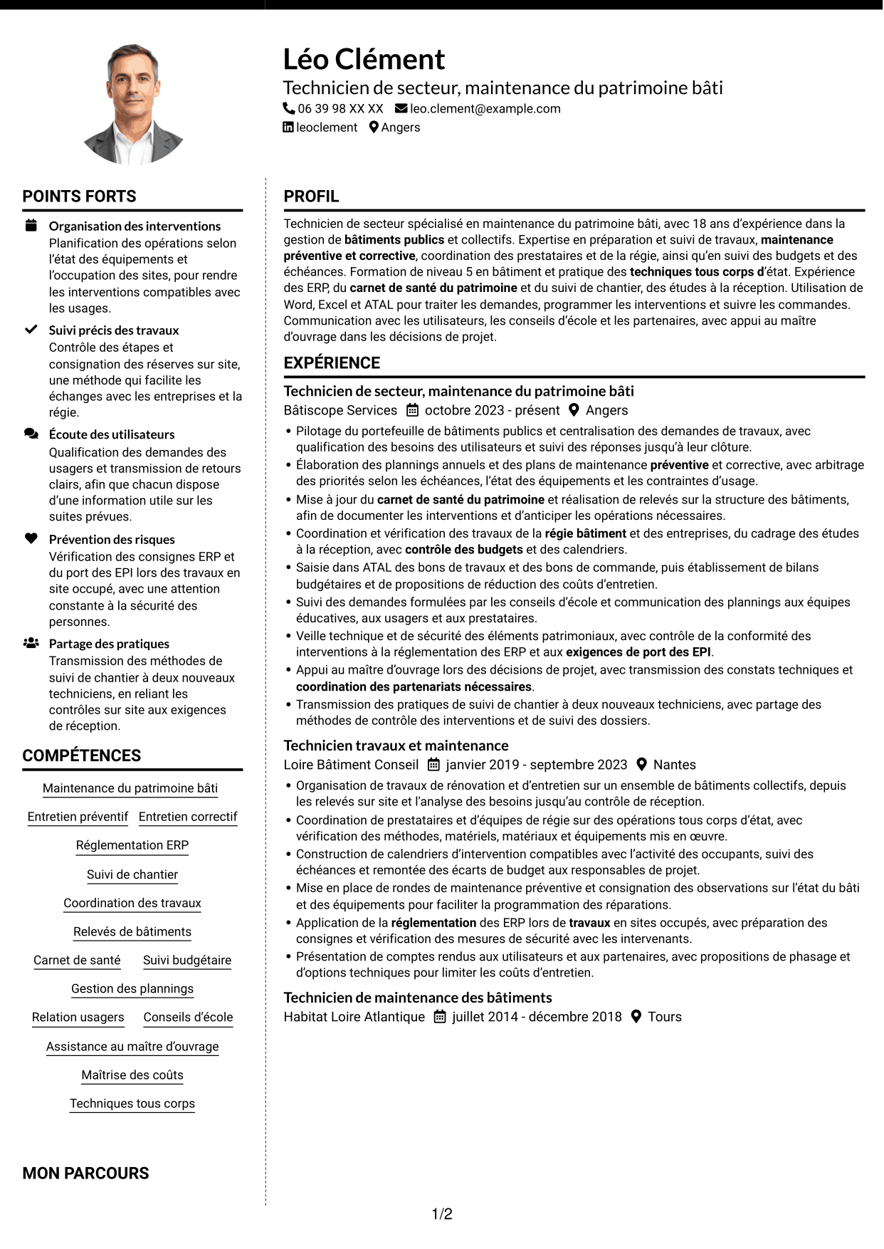 CV Moderne (format à deux colonnes avec photo à gauche et séparateur) : Technicien de secteur - Maintenance du patrimoine bâti, page 1