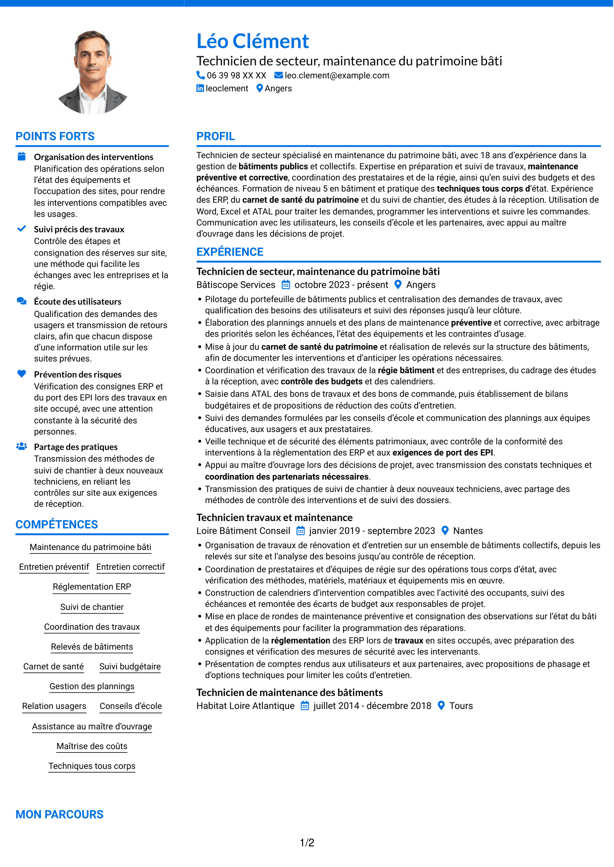 CV Audacieux (format à deux colonnes avec accents colorés et photo) : Technicien de secteur - Maintenance du patrimoine bâti, page 1