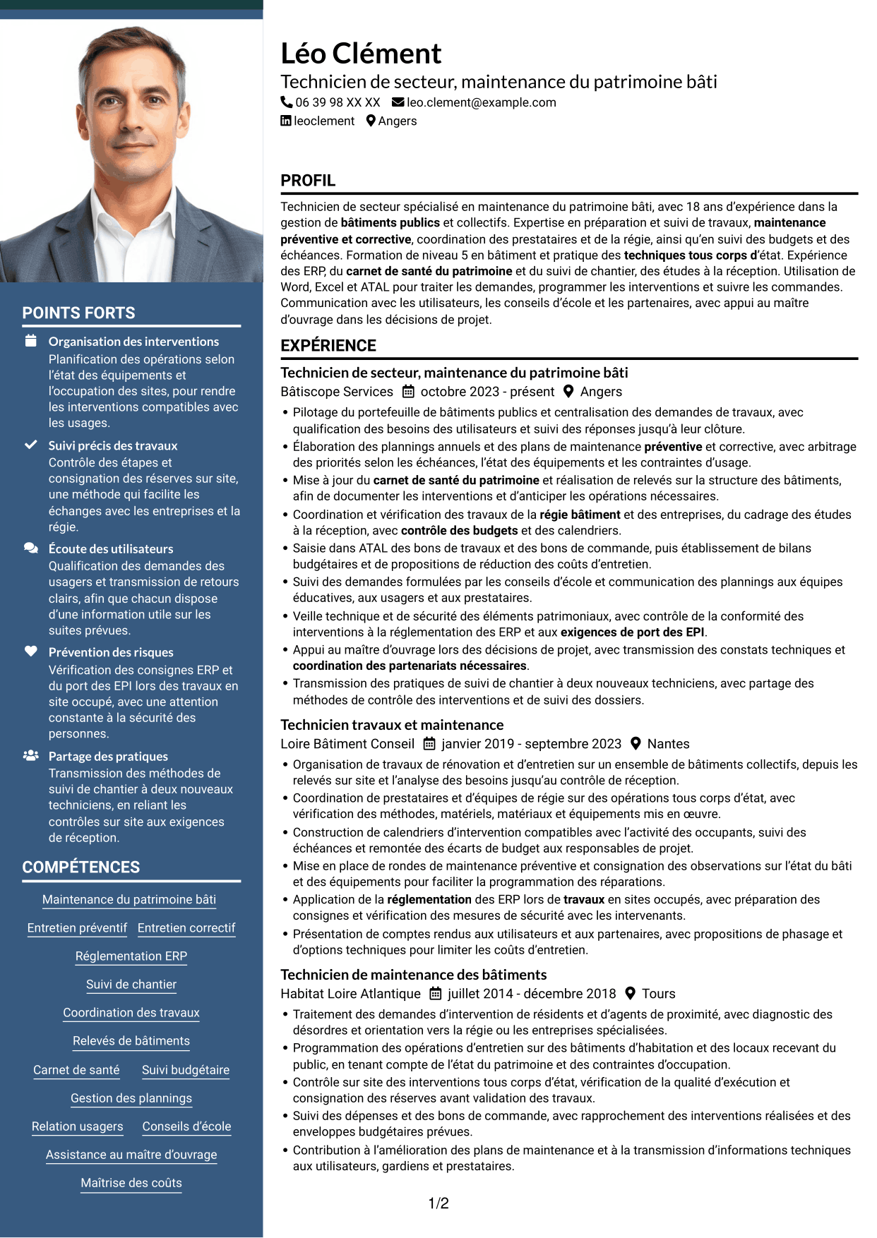 CV Signature (format à colonne latérale colorée avec grande photo) : Technicien de secteur - Maintenance du patrimoine bâti, page 1