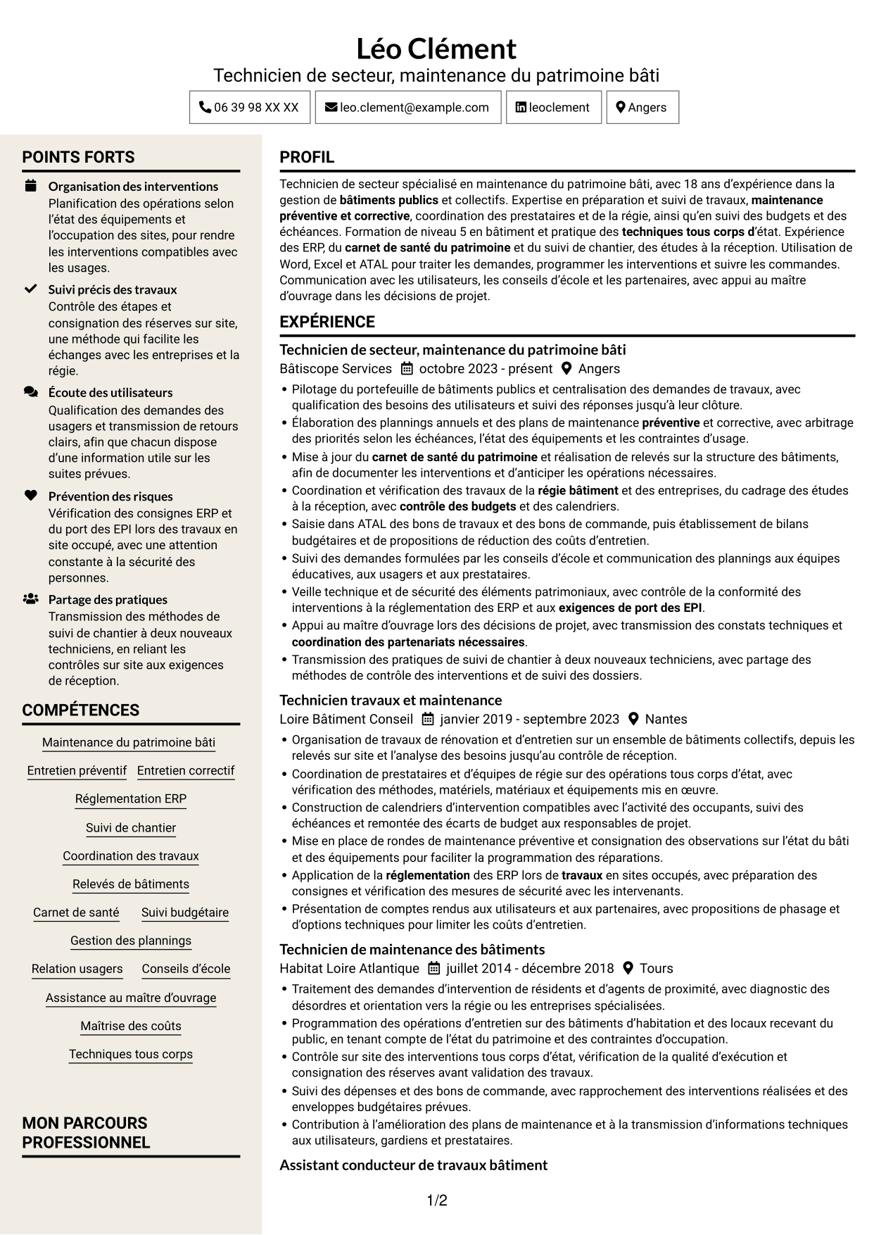 CV Fonceur (format à deux colonnes avec en-tête centré sans photo) : Technicien de secteur - Maintenance du patrimoine bâti, page 1