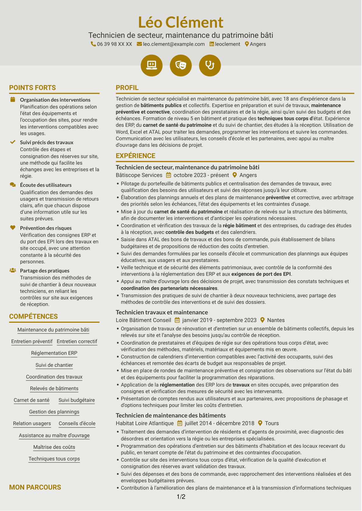 CV Dynamique (format à deux colonnes avec icônes) : Technicien de secteur - Maintenance du patrimoine bâti, page 1