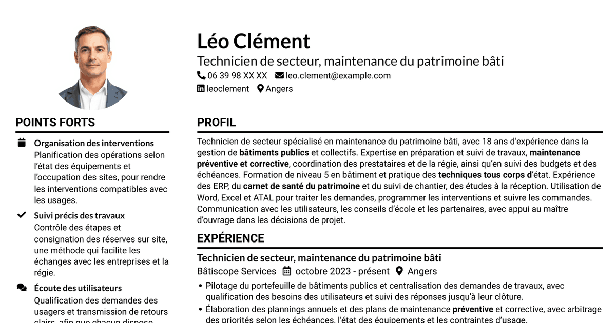 7 modèles de CV pour Technicien de secteur - Maintenance du patrimoine bâti, avec exemples