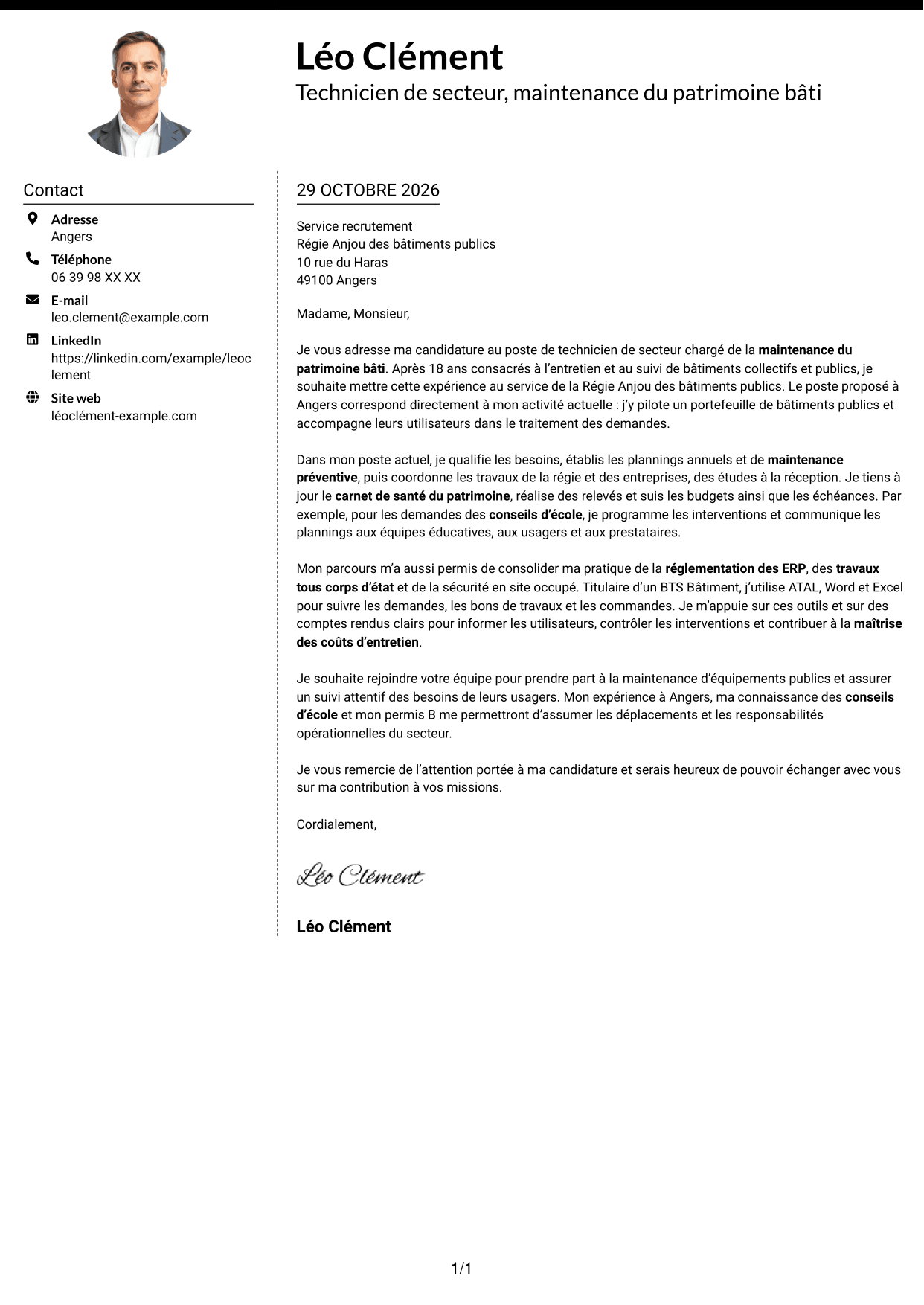 Lettre de motivation Moderne (format à deux colonnes avec photo à gauche et séparateur) : Technicien de secteur - Maintenance du patrimoine bâti, page 1