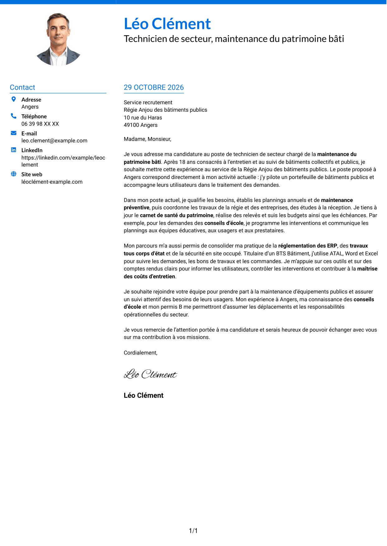 Lettre de motivation Audacieux (format à deux colonnes avec accents colorés et photo) : Technicien de secteur - Maintenance du patrimoine bâti, page 1