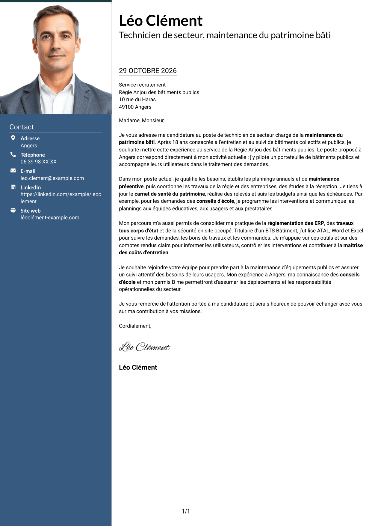Lettre de motivation Signature (format à colonne latérale colorée avec grande photo) : Technicien de secteur - Maintenance du patrimoine bâti, page 1