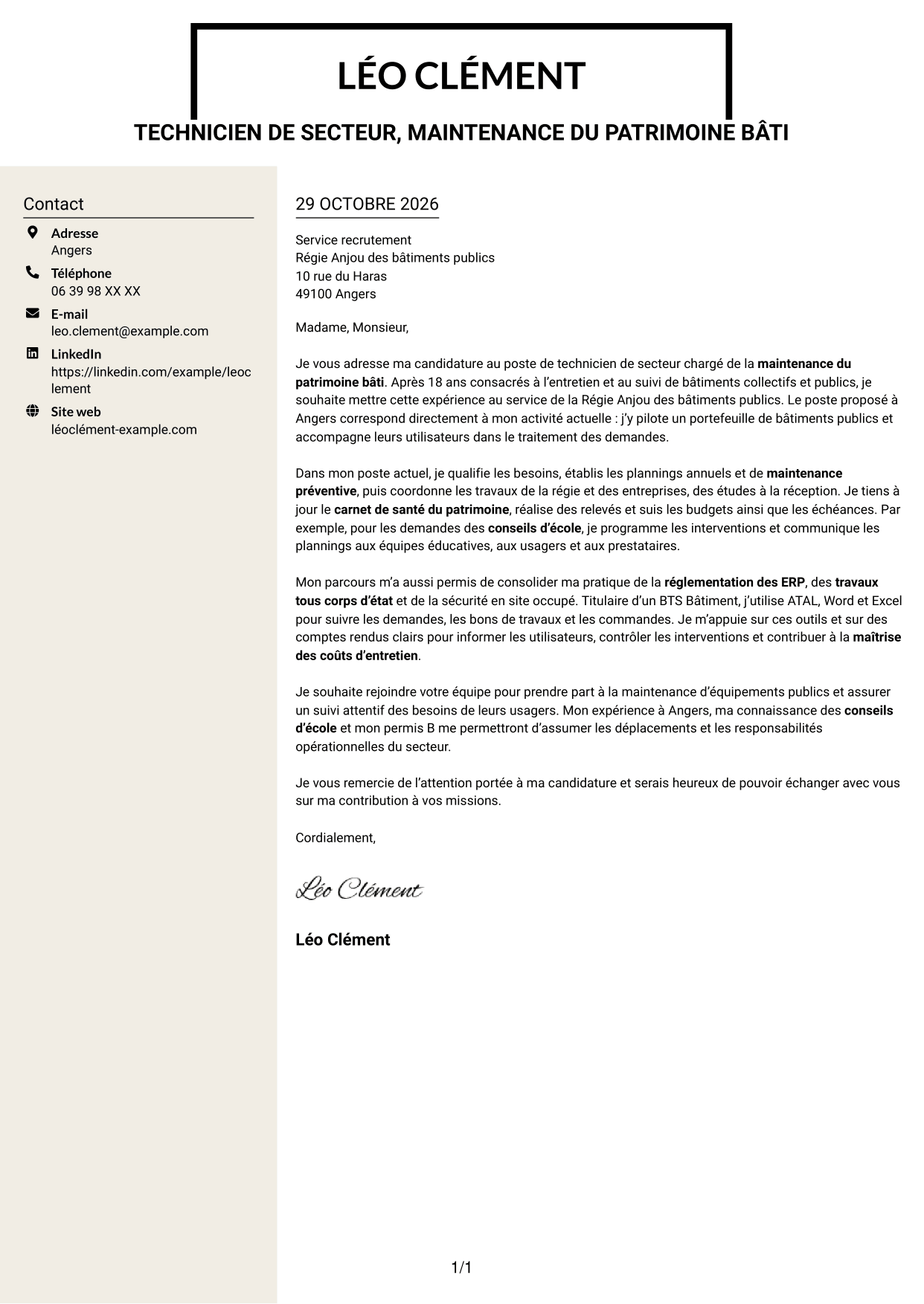 Lettre de motivation Fonceur (format à deux colonnes avec en-tête centré sans photo) : Technicien de secteur - Maintenance du patrimoine bâti, page 1