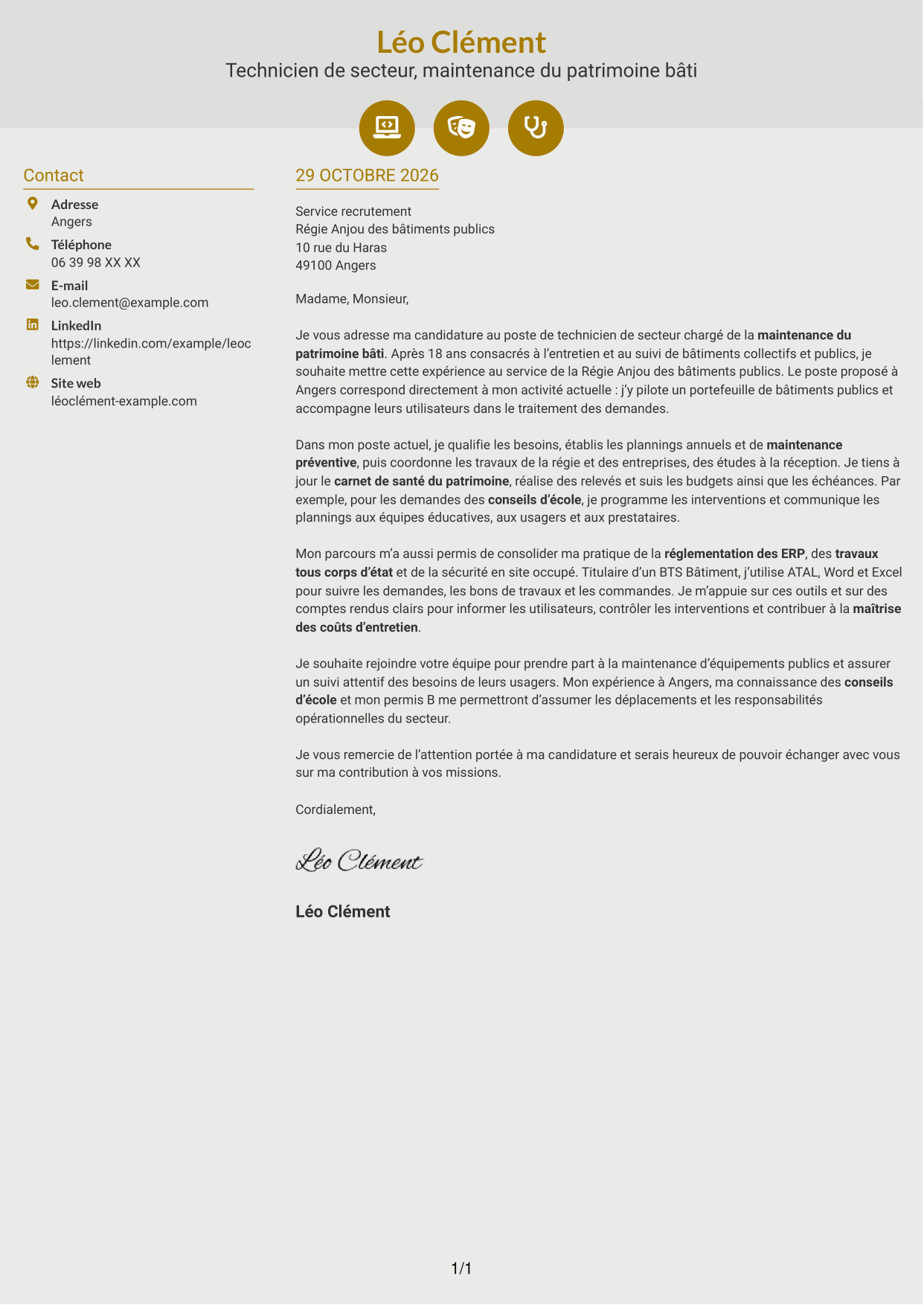 Lettre de motivation Dynamique (format à deux colonnes avec icônes) : Technicien de secteur - Maintenance du patrimoine bâti, page 1