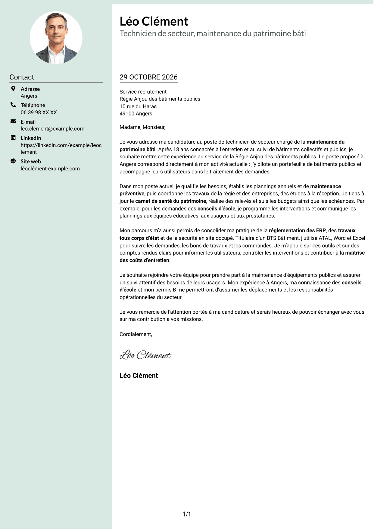 Lettre de motivation Cadre (format à colonne latérale douce avec photo arrondie) : Technicien de secteur - Maintenance du patrimoine bâti, page 1