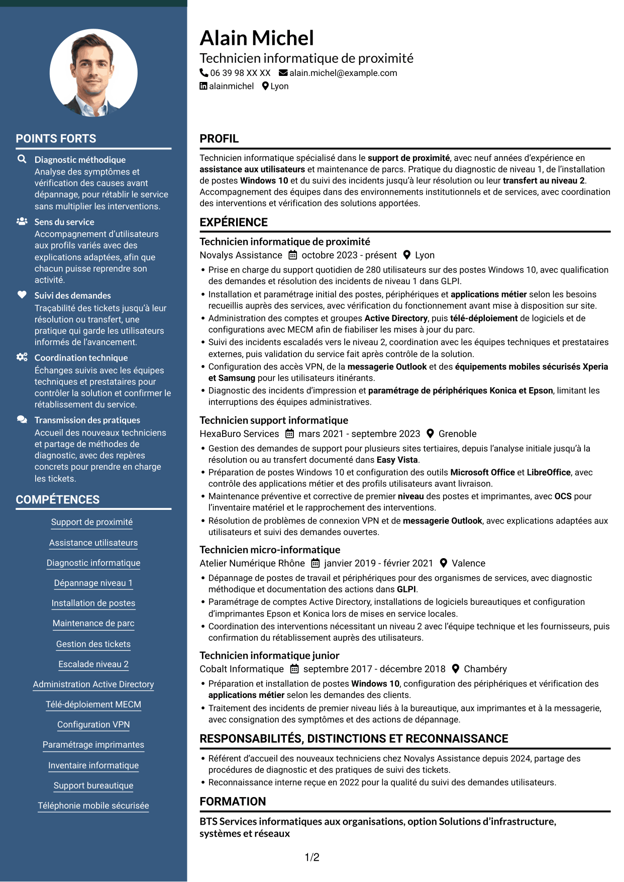 CV Élégant (format à colonne latérale colorée avec photo) : Technicien informatique - Support de proximité, page 1