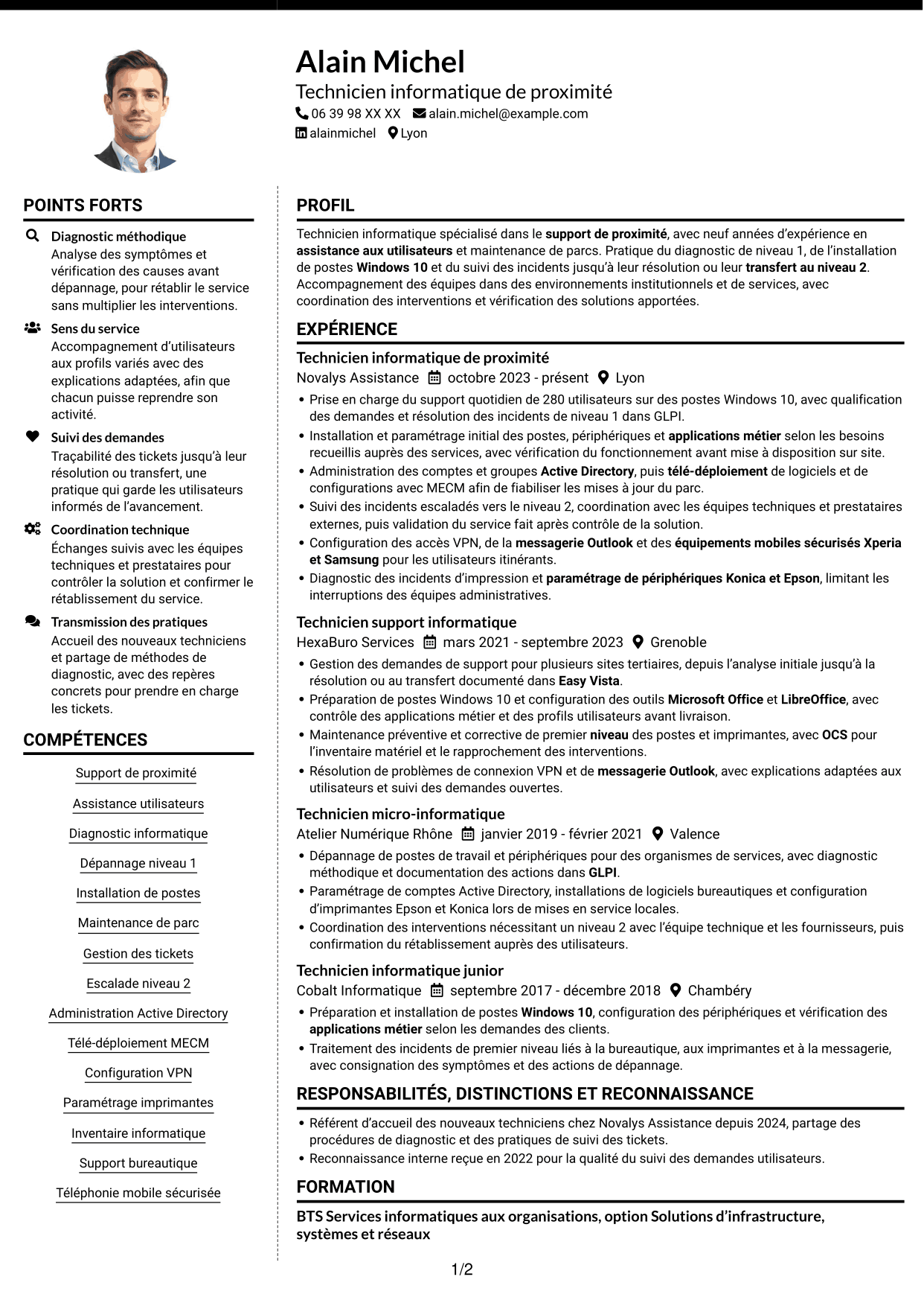 CV Moderne (format à deux colonnes avec photo à gauche et séparateur) : Technicien informatique - Support de proximité, page 1
