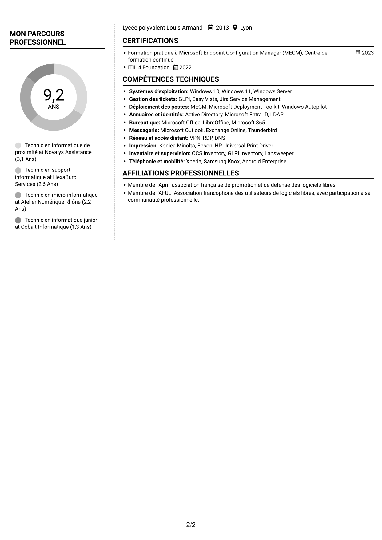 CV Moderne (format à deux colonnes avec photo à gauche et séparateur) : Technicien informatique - Support de proximité, page 2