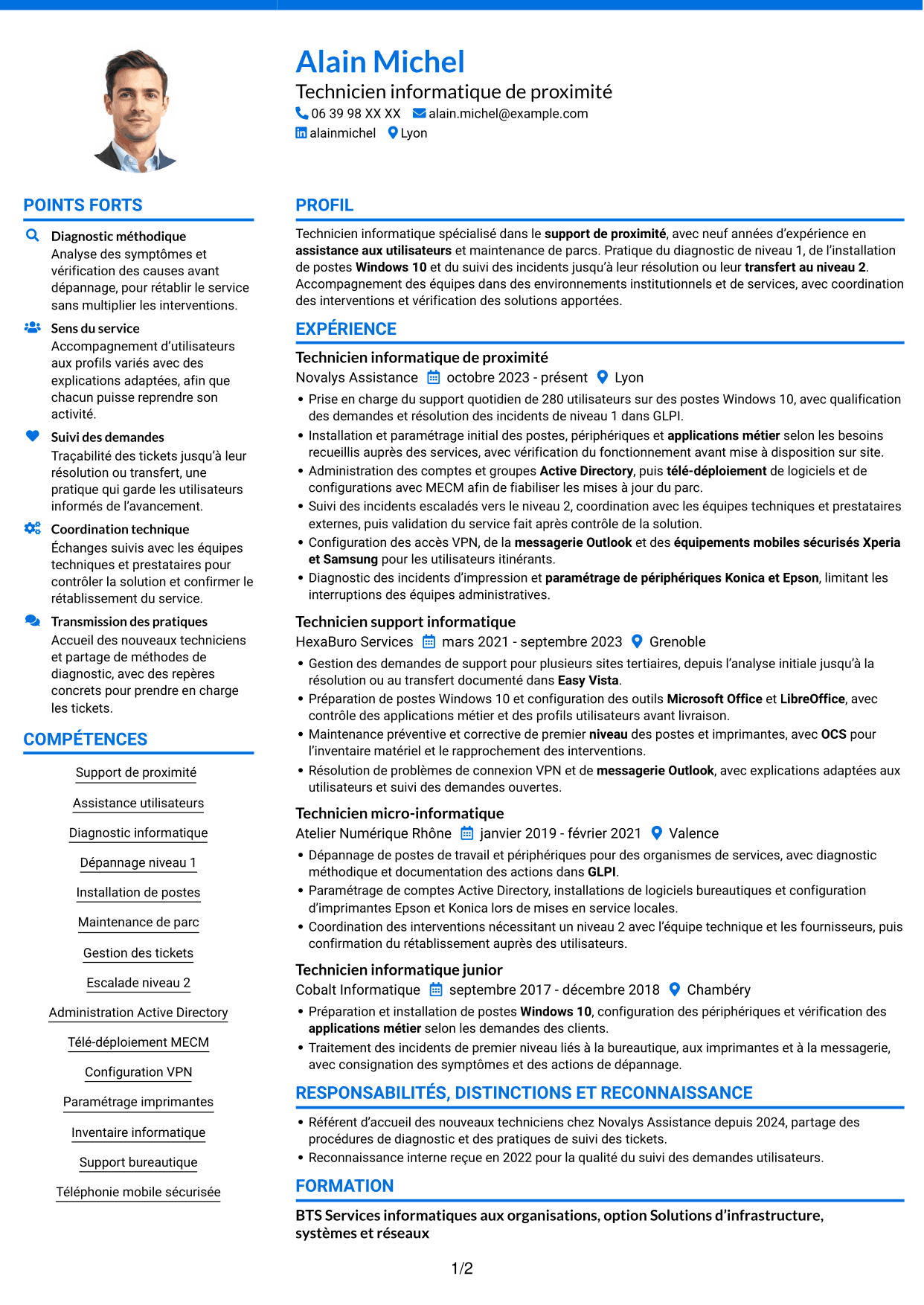 CV Audacieux (format à deux colonnes avec accents colorés et photo) : Technicien informatique - Support de proximité, page 1
