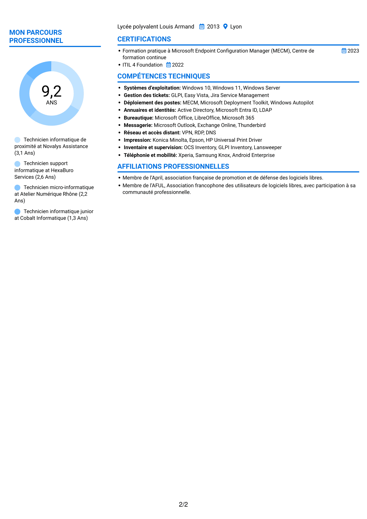 CV Audacieux (format à deux colonnes avec accents colorés et photo) : Technicien informatique - Support de proximité, page 2