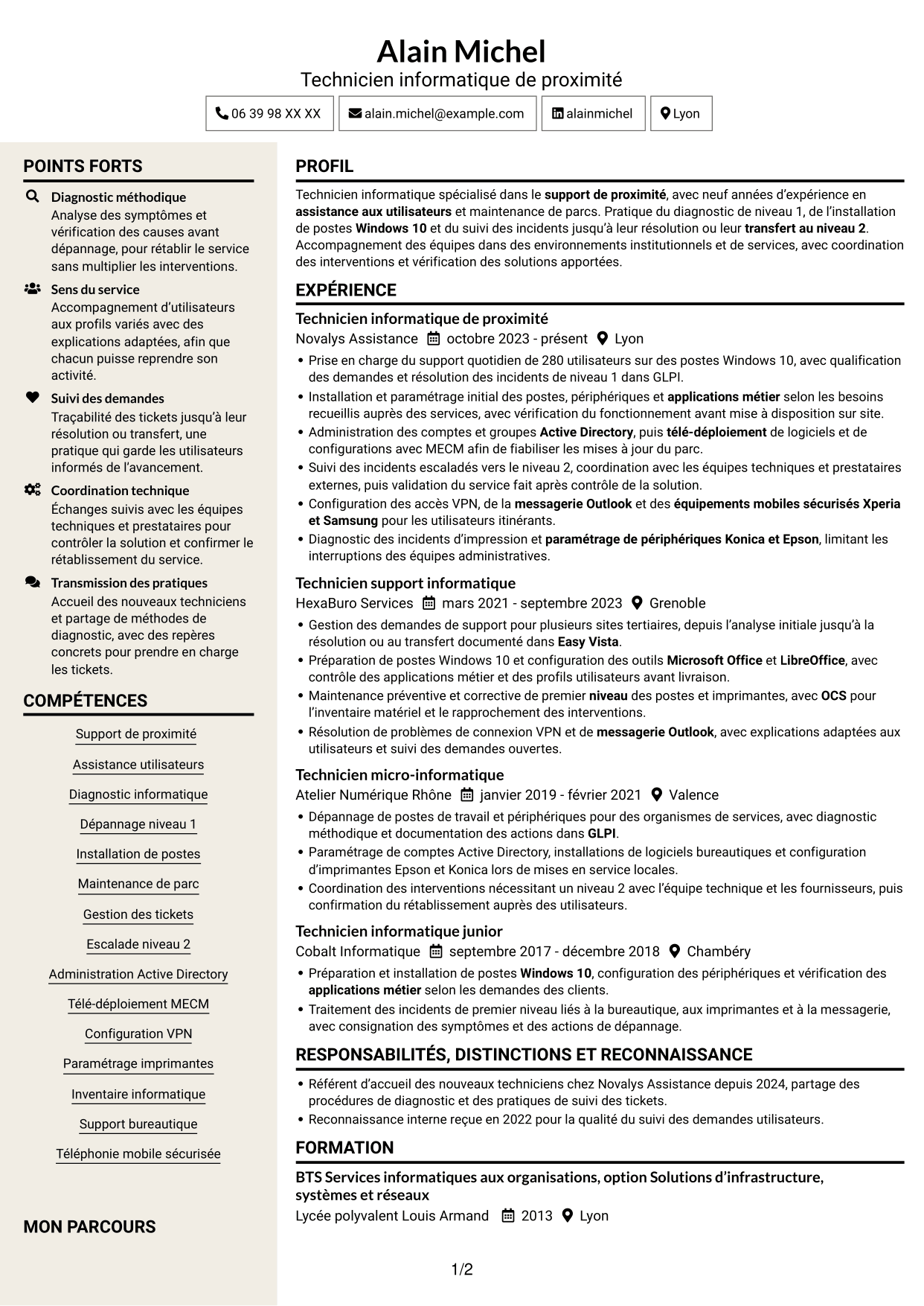 CV Fonceur (format à deux colonnes avec en-tête centré sans photo) : Technicien informatique - Support de proximité, page 1