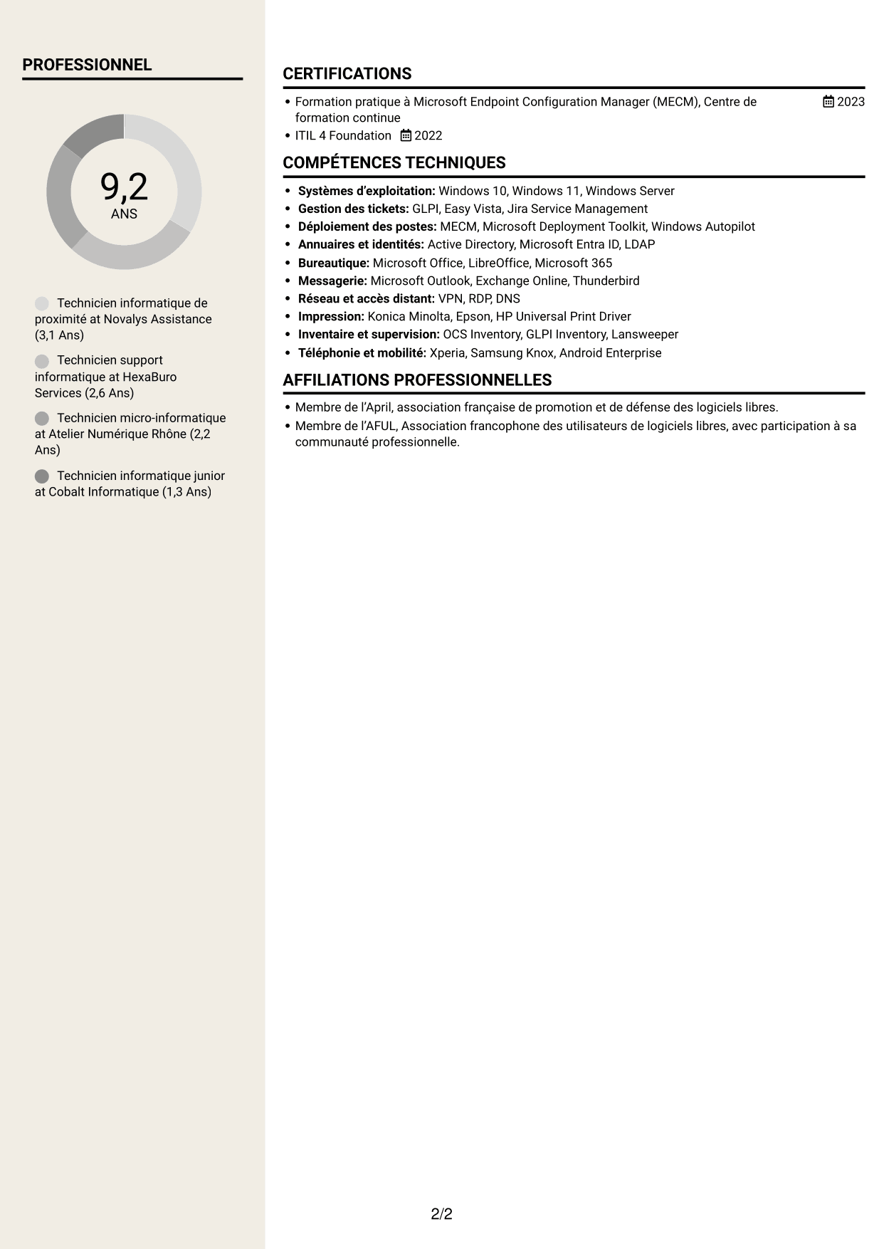 CV Fonceur (format à deux colonnes avec en-tête centré sans photo) : Technicien informatique - Support de proximité, page 2