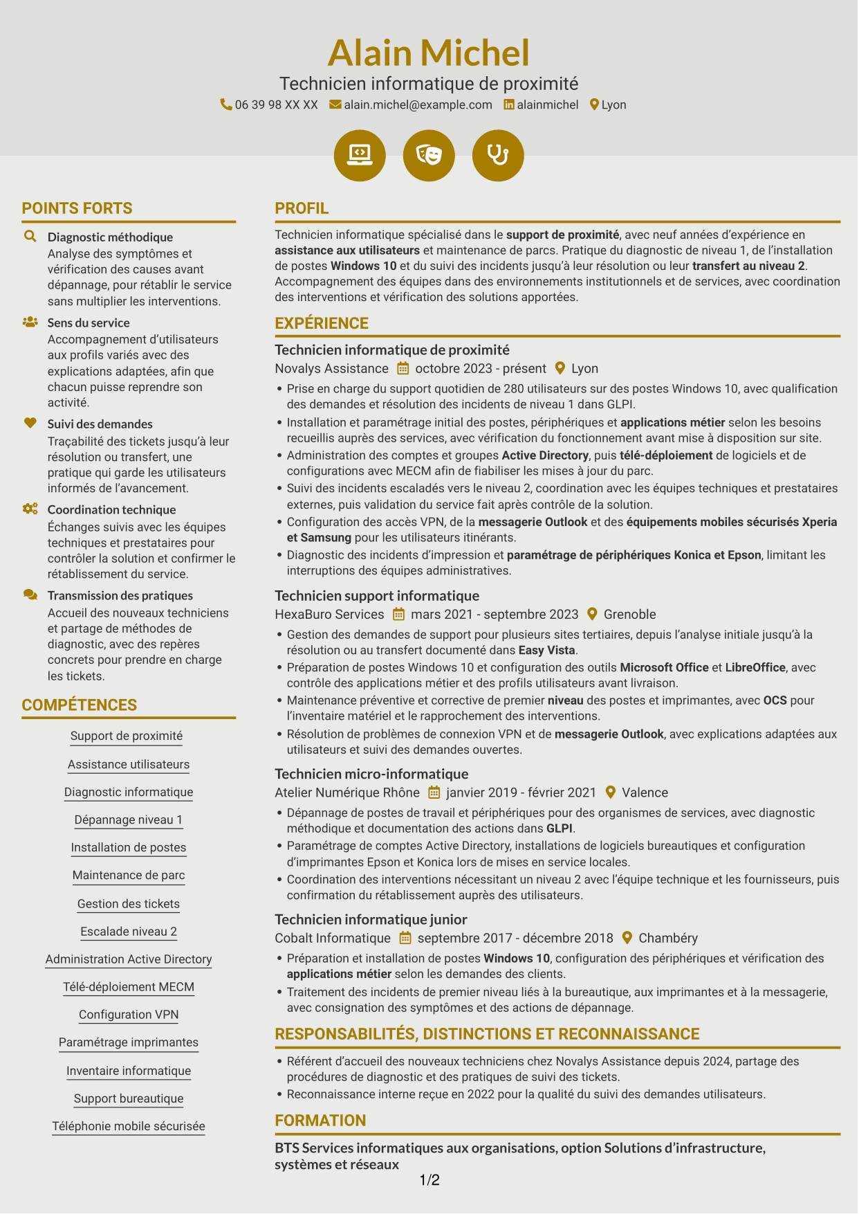 CV Dynamique (format à deux colonnes avec icônes) : Technicien informatique - Support de proximité, page 1