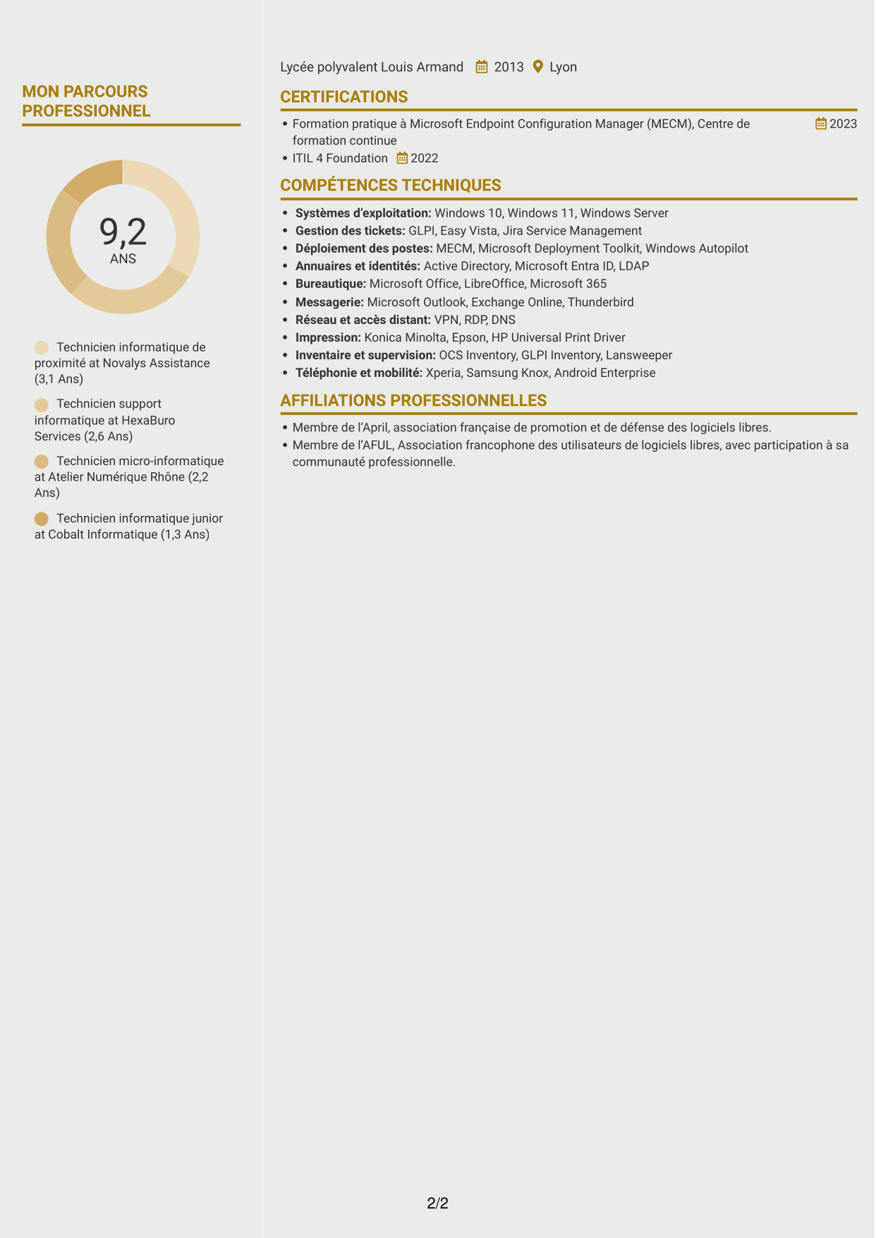 CV Dynamique (format à deux colonnes avec icônes) : Technicien informatique - Support de proximité, page 2