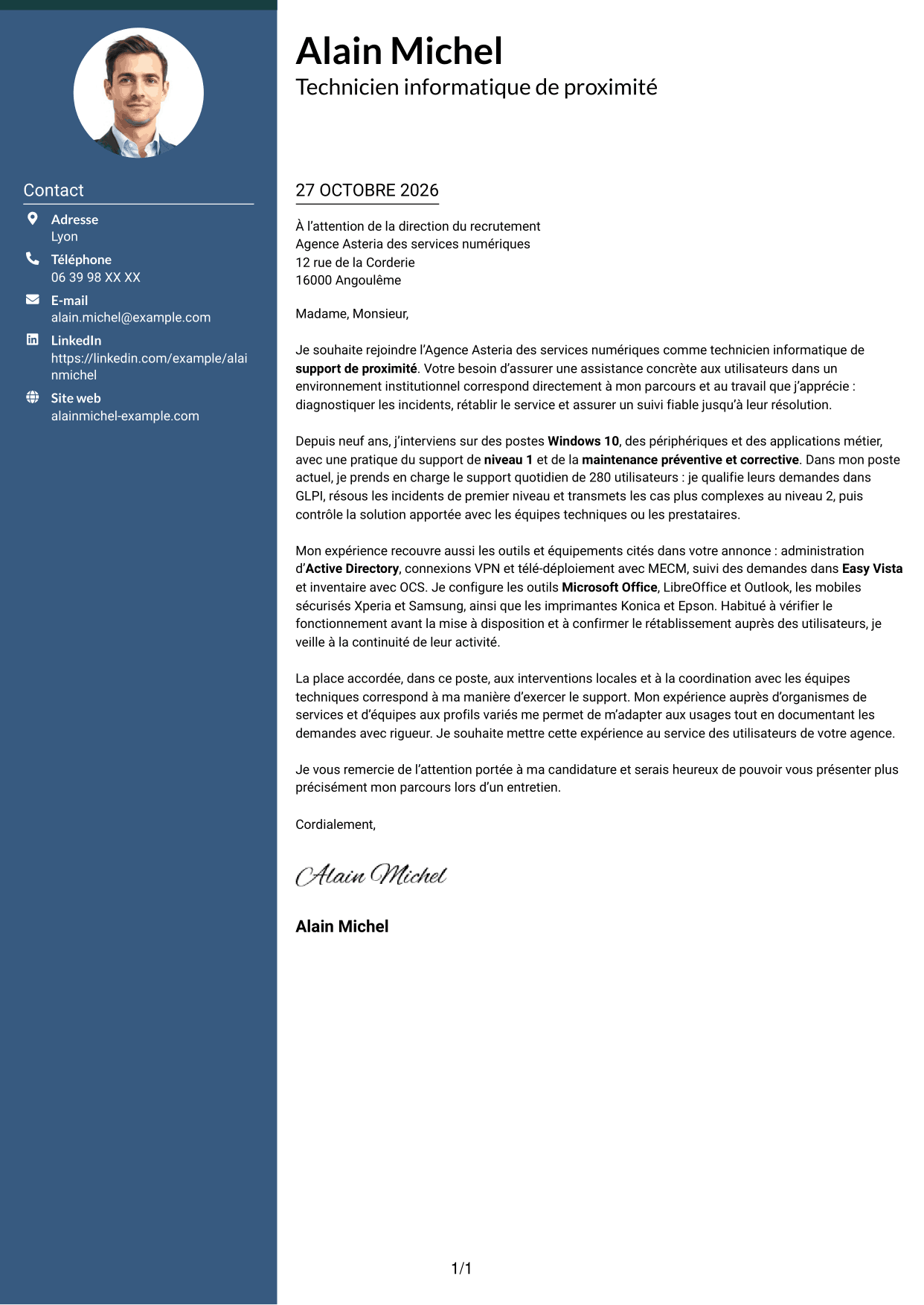 Lettre de motivation Élégant (format à colonne latérale colorée avec photo) : Technicien informatique - Support de proximité, page 1
