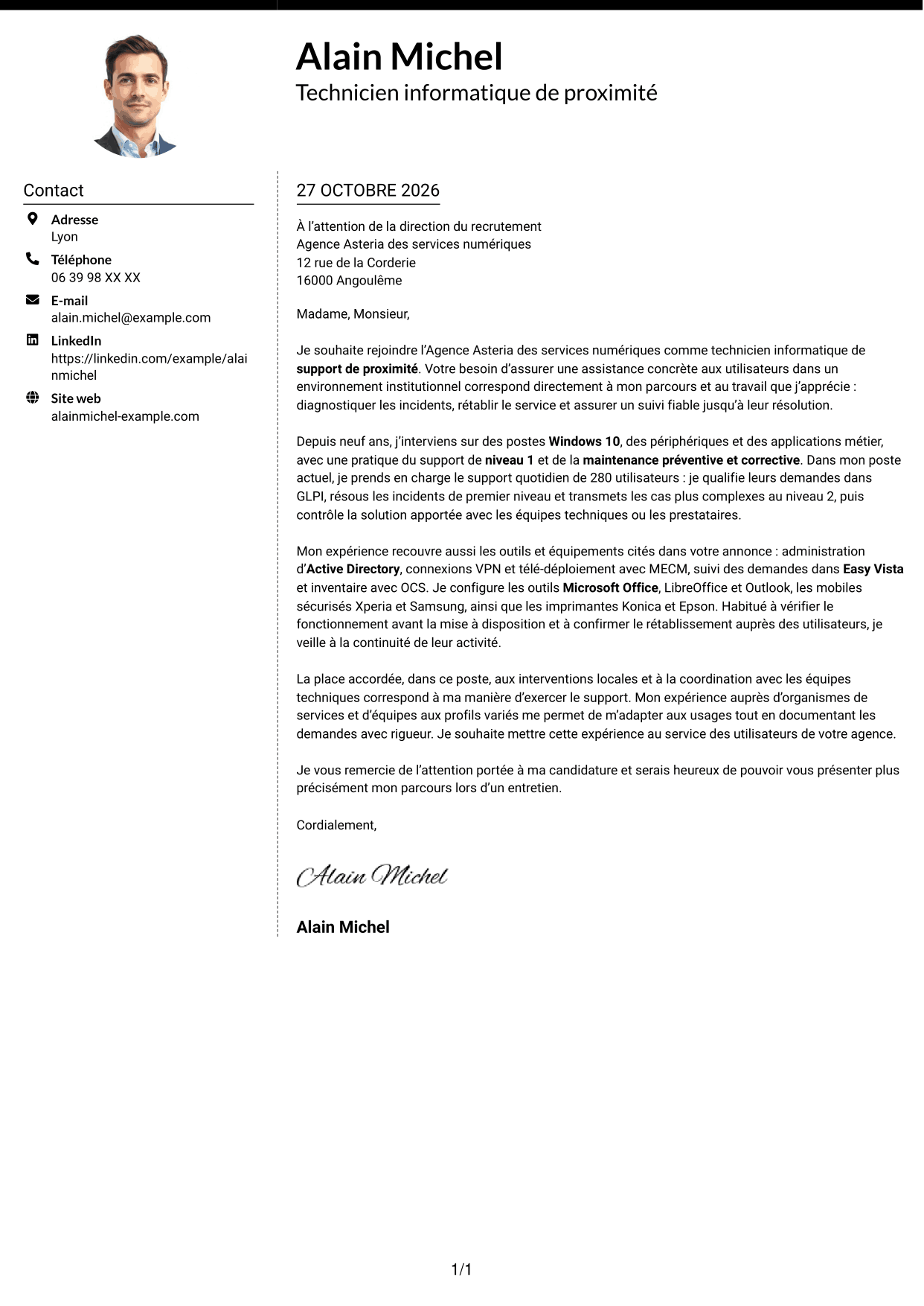 Lettre de motivation Moderne (format à deux colonnes avec photo à gauche et séparateur) : Technicien informatique - Support de proximité, page 1