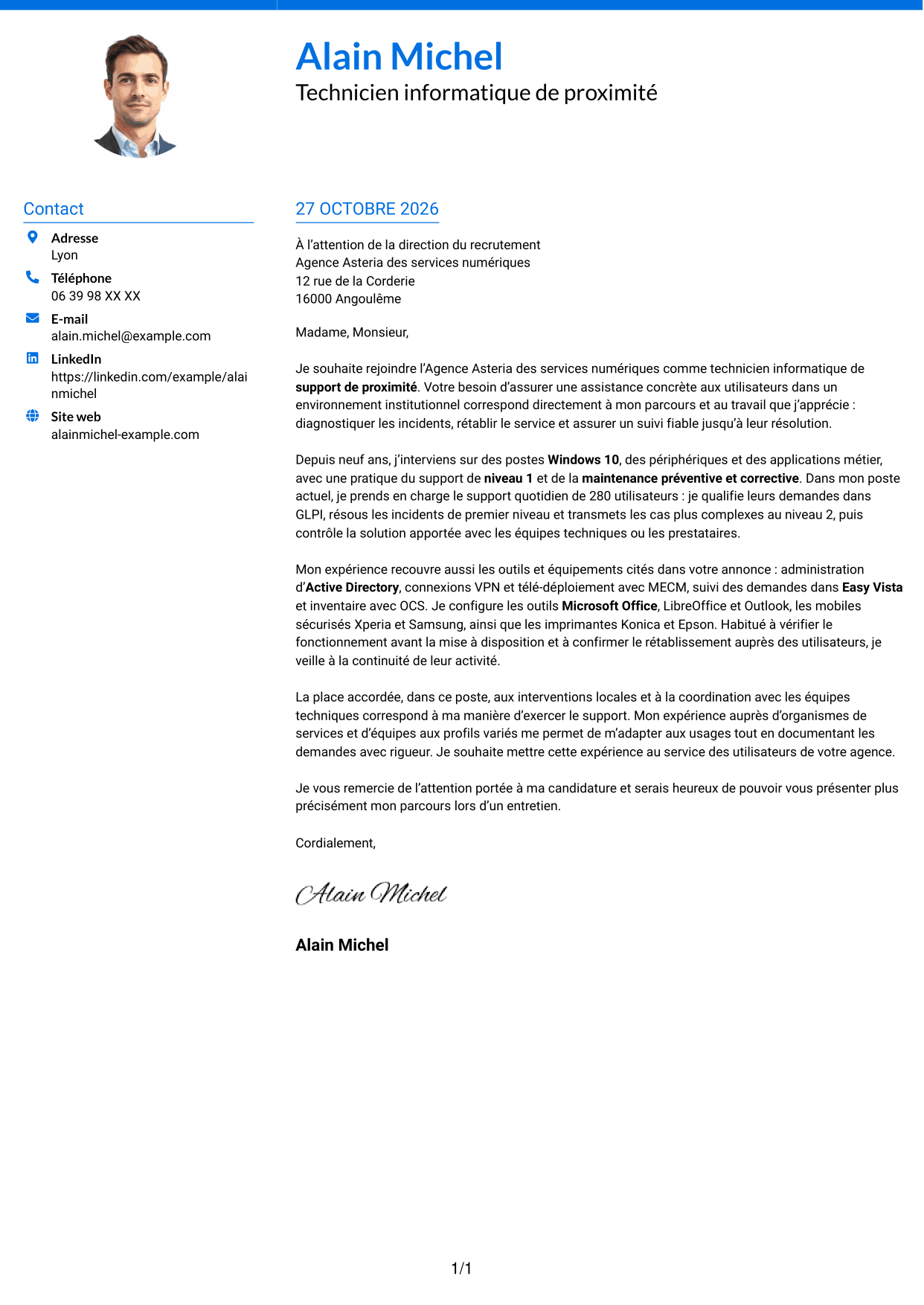 Lettre de motivation Audacieux (format à deux colonnes avec accents colorés et photo) : Technicien informatique - Support de proximité, page 1