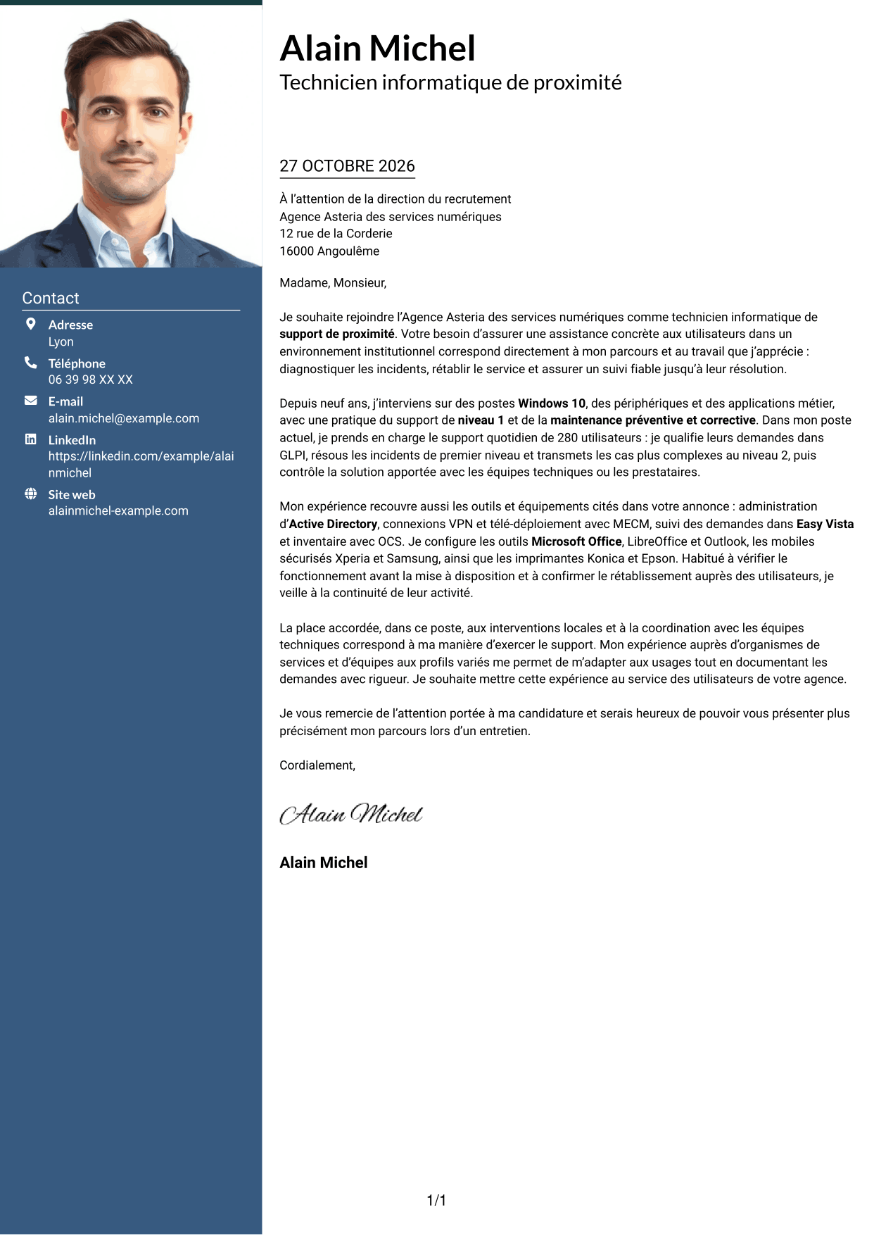 Lettre de motivation Signature (format à colonne latérale colorée avec grande photo) : Technicien informatique - Support de proximité, page 1