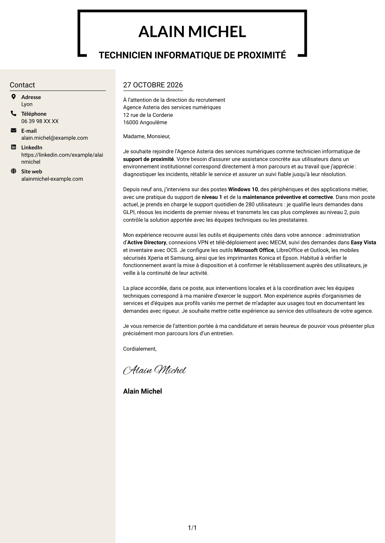 Lettre de motivation Fonceur (format à deux colonnes avec en-tête centré sans photo) : Technicien informatique - Support de proximité, page 1