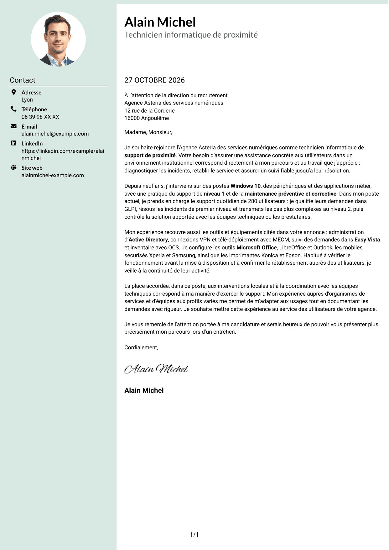 Lettre de motivation Cadre (format à colonne latérale douce avec photo arrondie) : Technicien informatique - Support de proximité, page 1