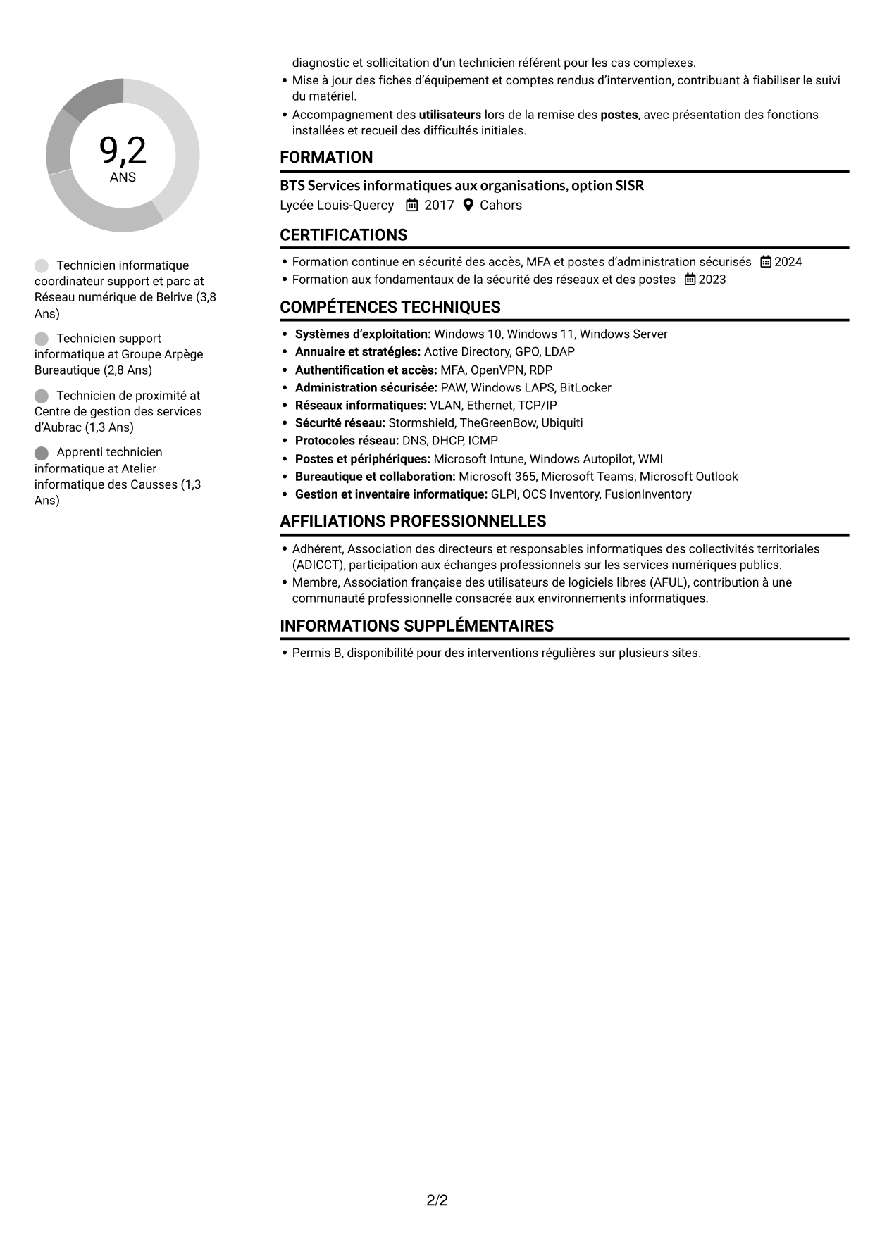 CV Compact (format sobre à deux colonnes avec photo) : Technicien informatique - Support et gestion de parc, page 2